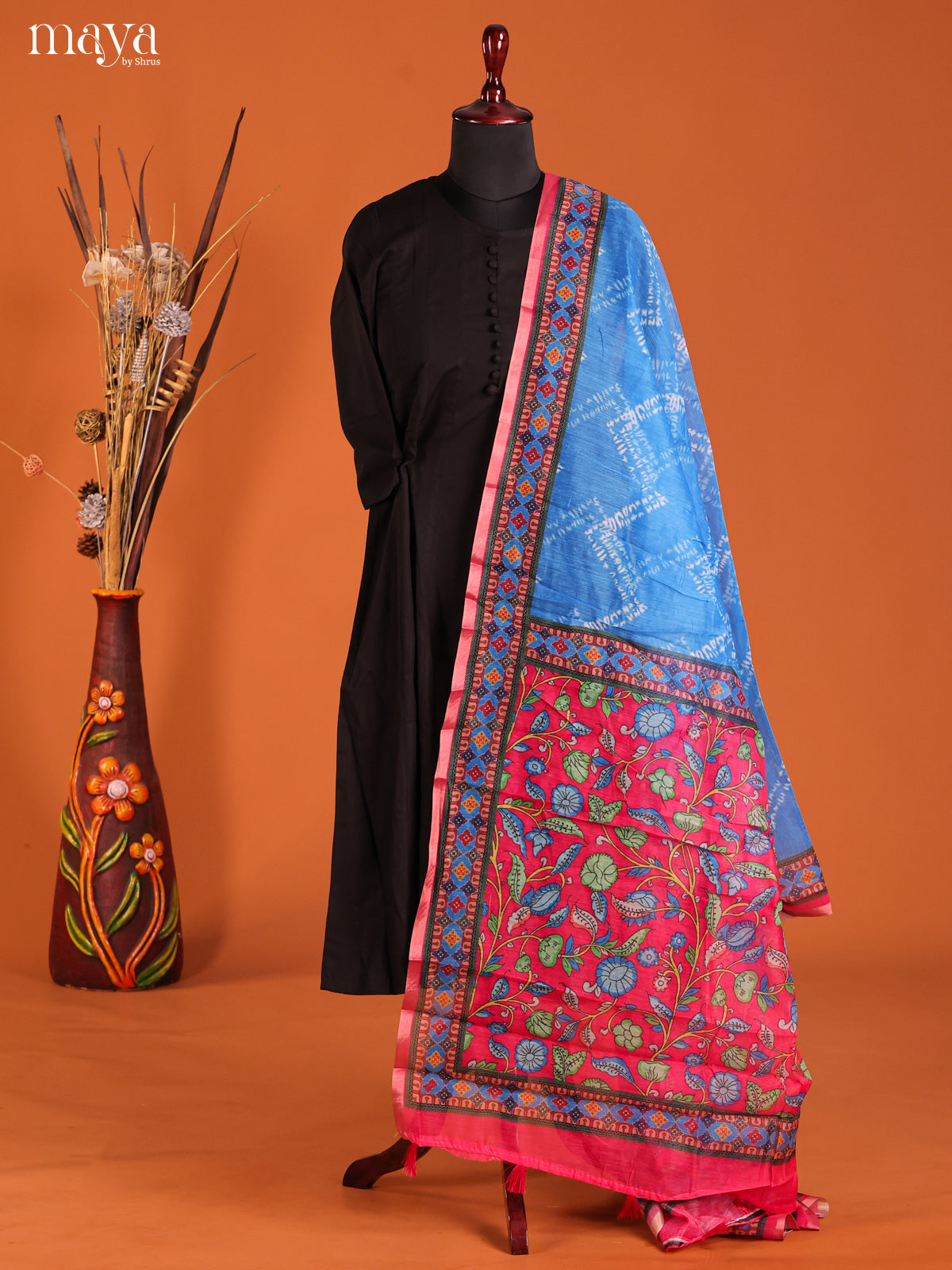 Blue & Red-Semi Maheshwari Print Dupatta