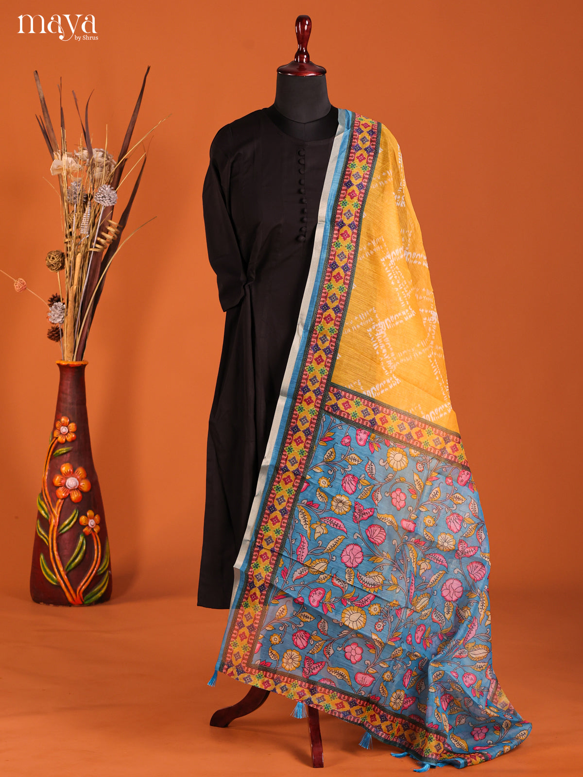 Mustard & Blue -Semi Maheshwari Print Dupatta