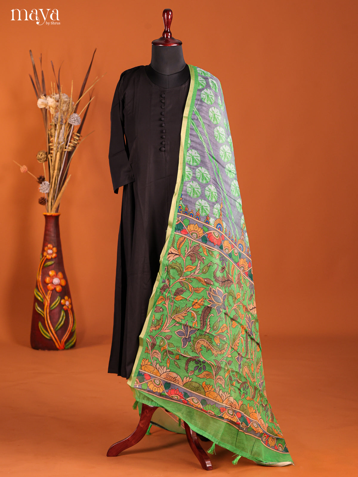 Grey & Green -Semi Maheshwari Print Dupatta