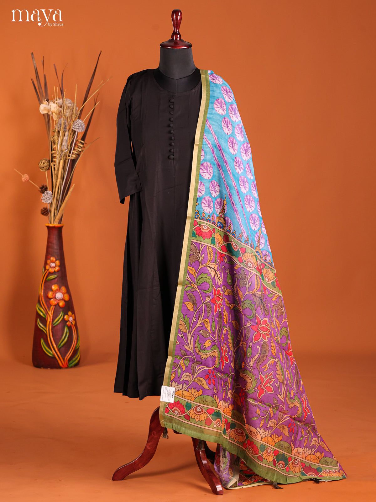 Blue & Purple-Semi Maheshwari Print Dupatta