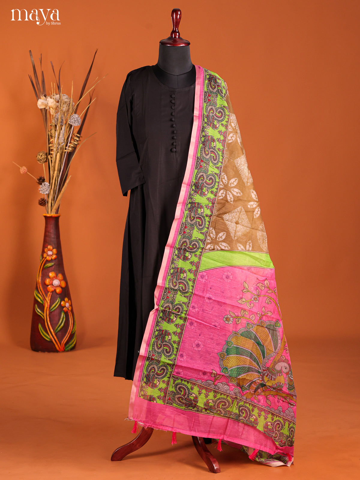 Brown & Pink-Semi Maheshwari Print Dupatta