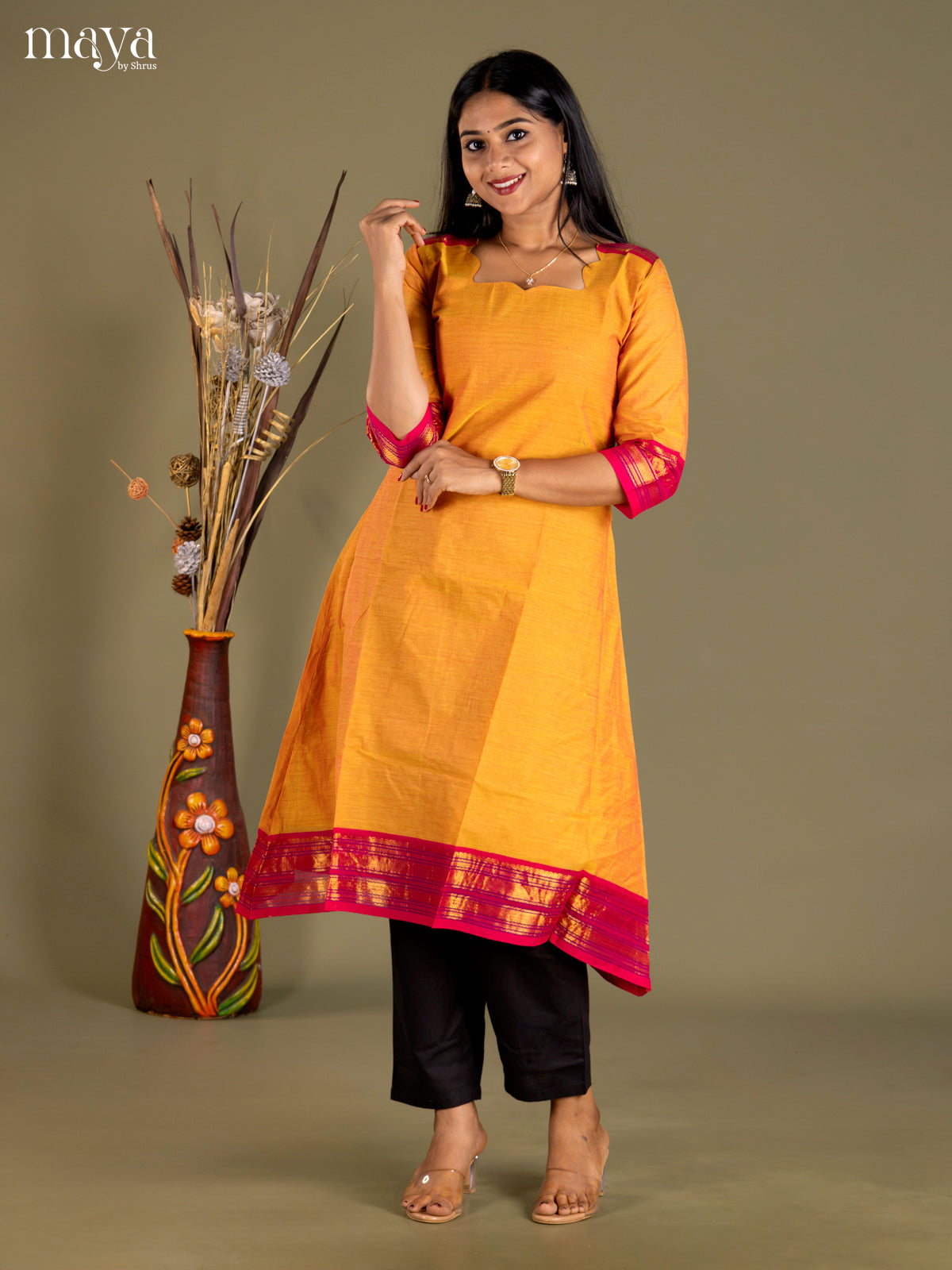 Mustard & Red Chettinad Cotton Readymade Kurti