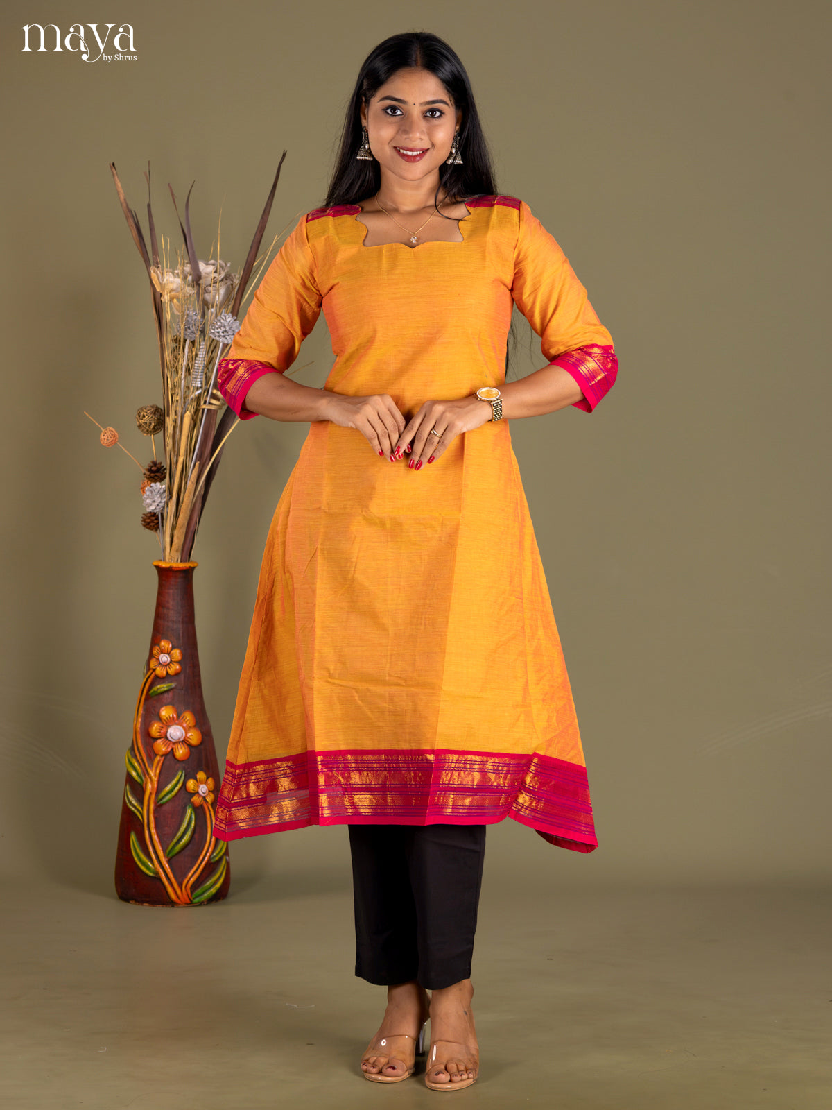 Mustard & Red Chettinad Cotton Readymade Kurti