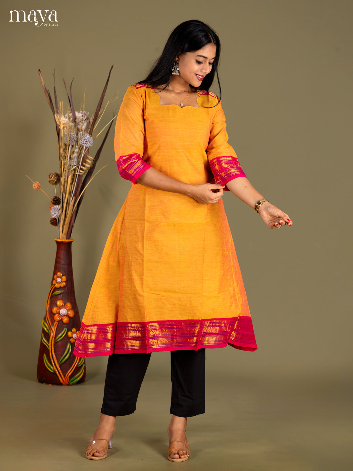 Mustard & Red Chettinad Cotton Readymade Kurti