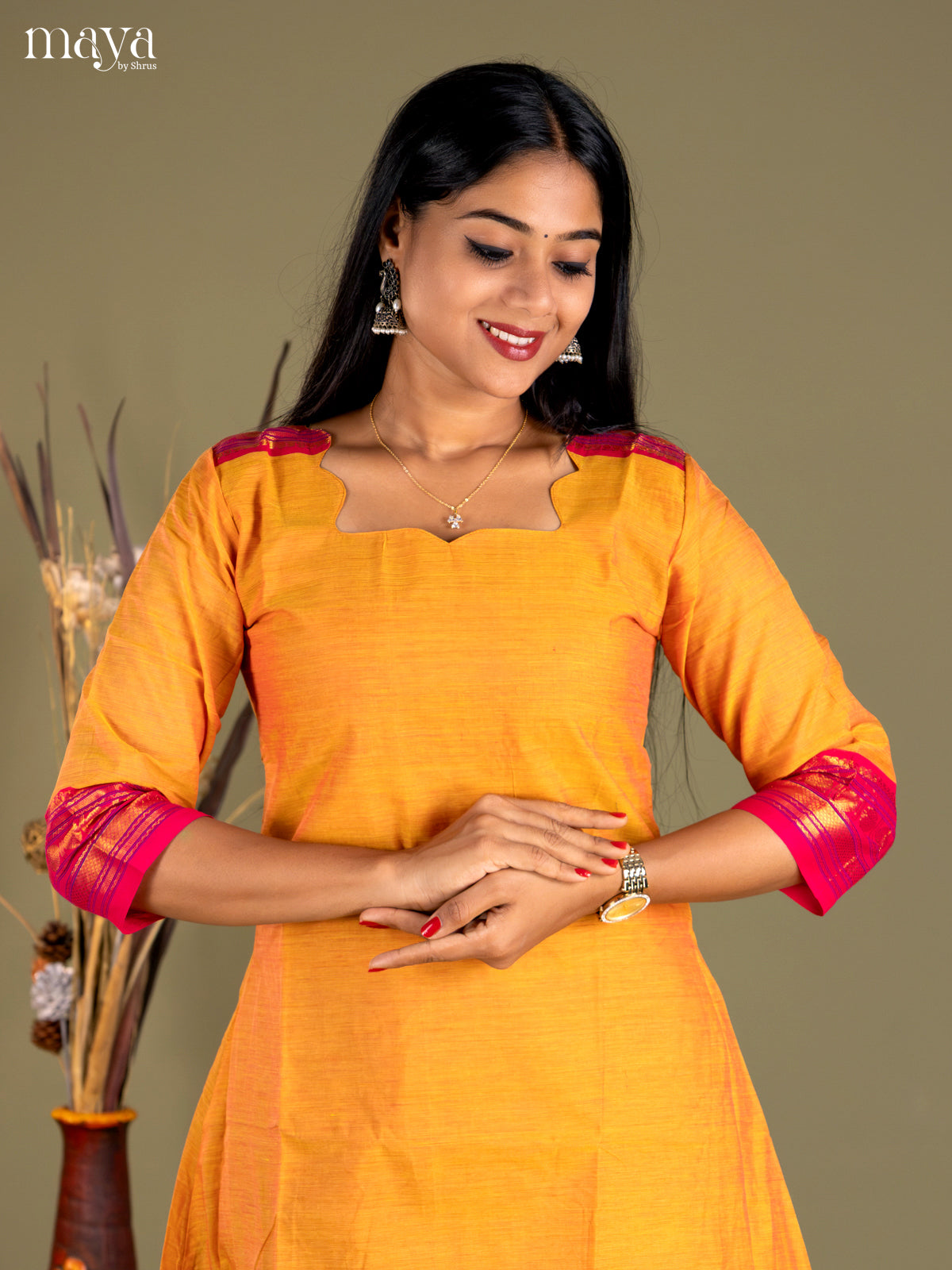 Mustard & Red Chettinad Cotton Readymade Kurti