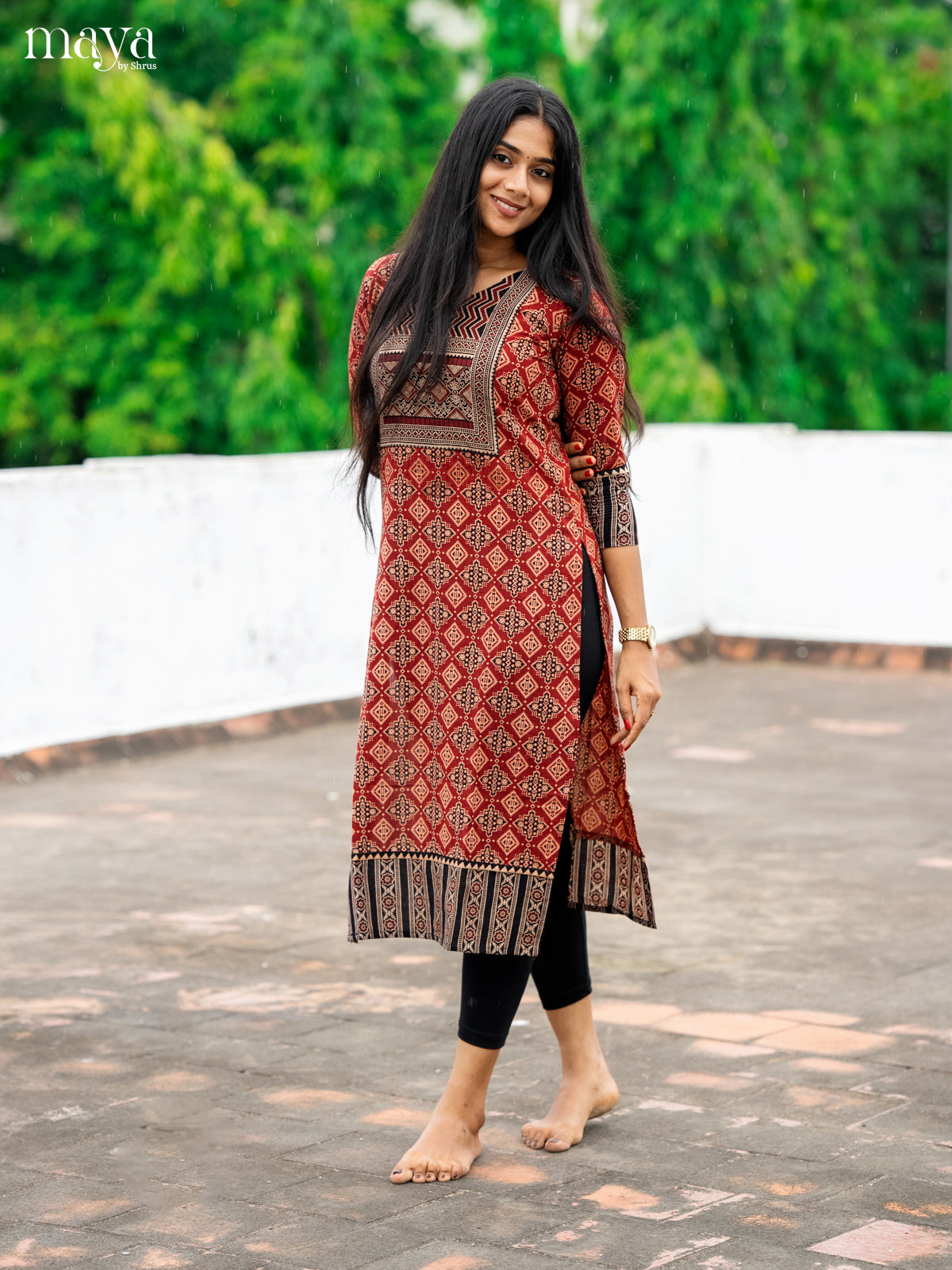 Red & Black Ajrakh Printed Readymade Kurti