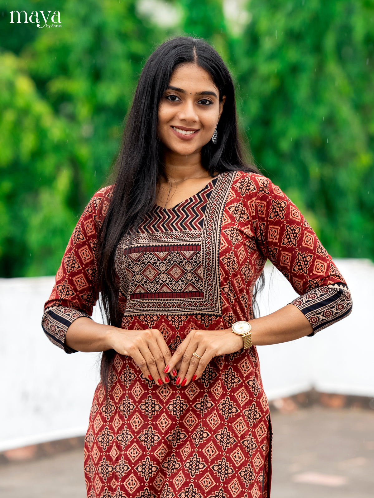 Red & Black Ajrakh Printed Readymade Kurti