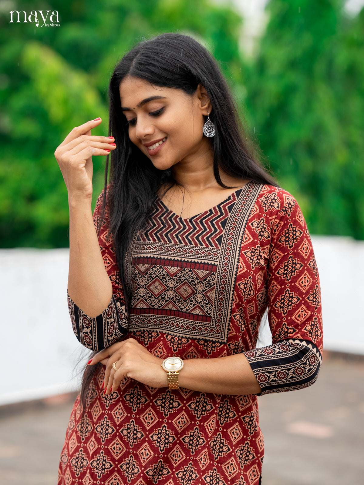 Red & Black Ajrakh Printed Readymade Kurti