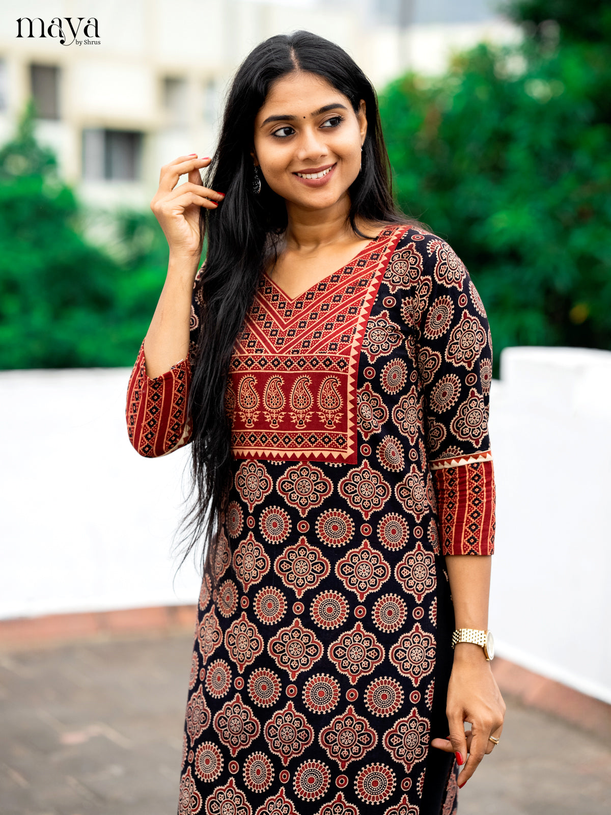 Black & Red Ajrakh Printed Readymade Kurti