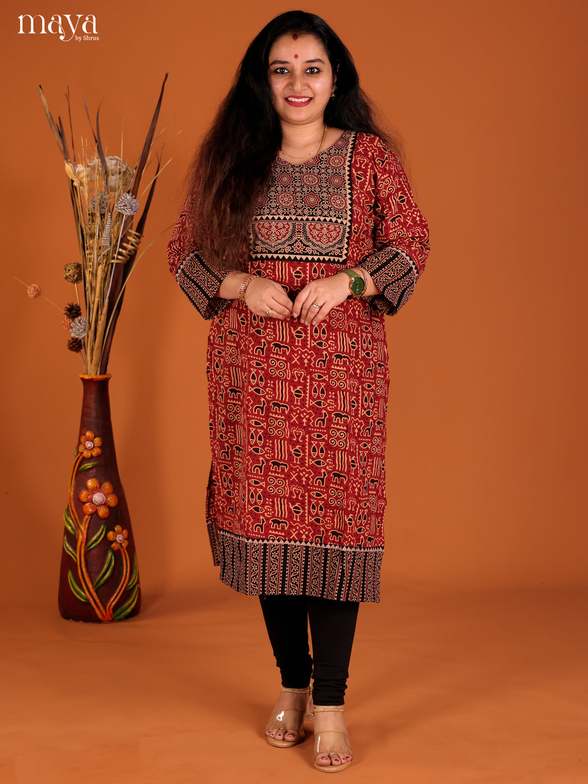 Red & Black Ajrakh Printed Readymade Kurti