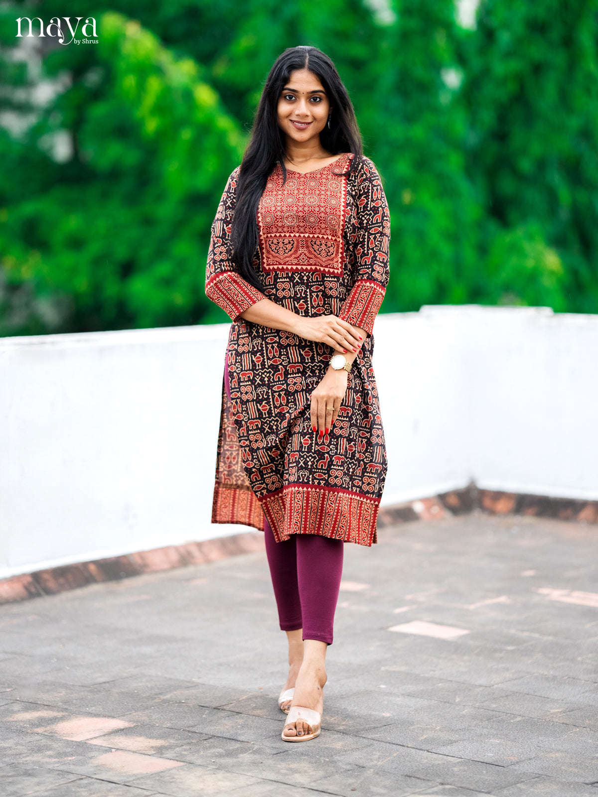 Black & Red Ajrakh Printed Readymade Kurti