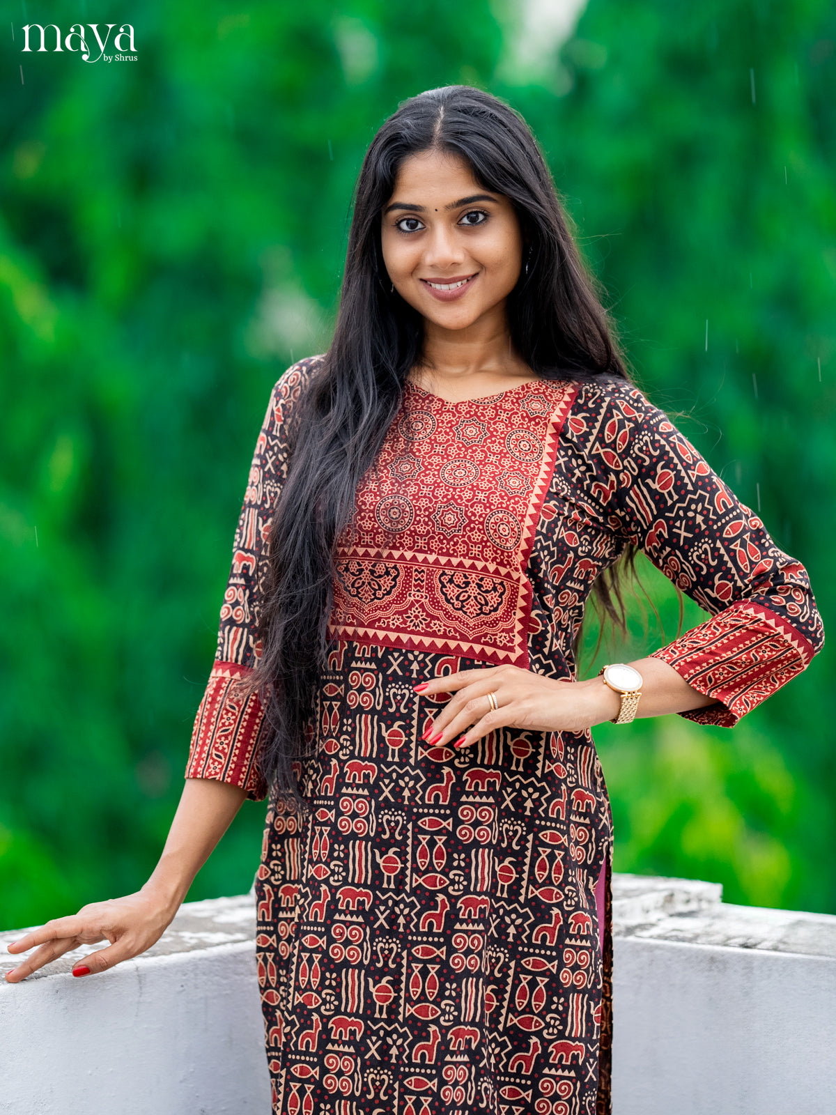 Black & Red Ajrakh Printed Readymade Kurti