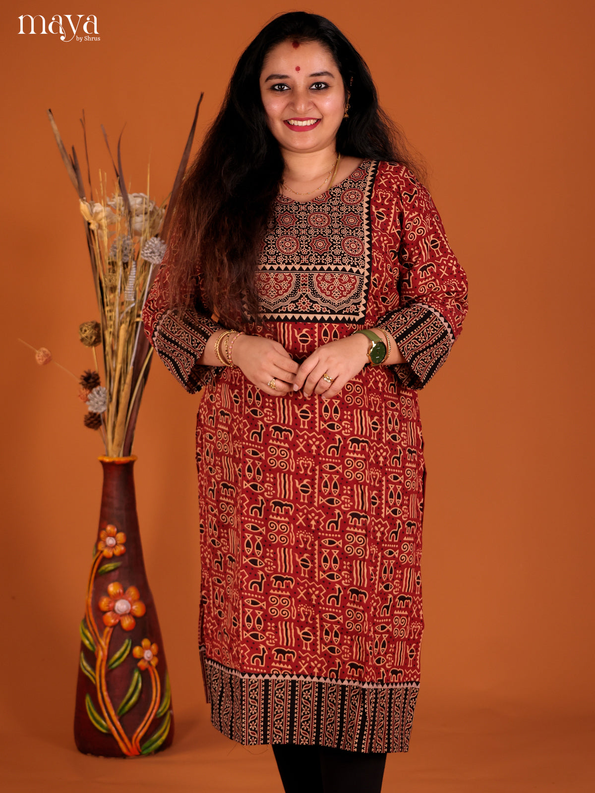 Red & Black Ajrakh Printed Readymade Kurti