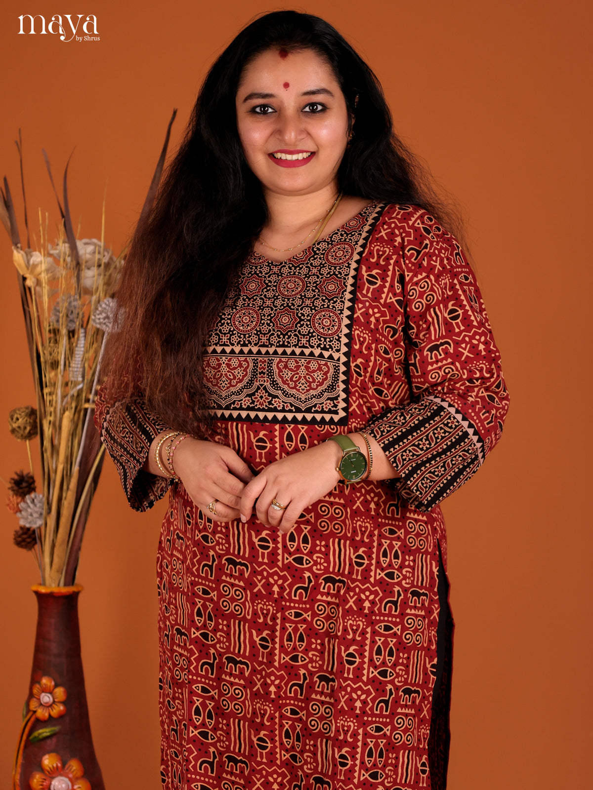Red & Black Ajrakh Printed Readymade Kurti