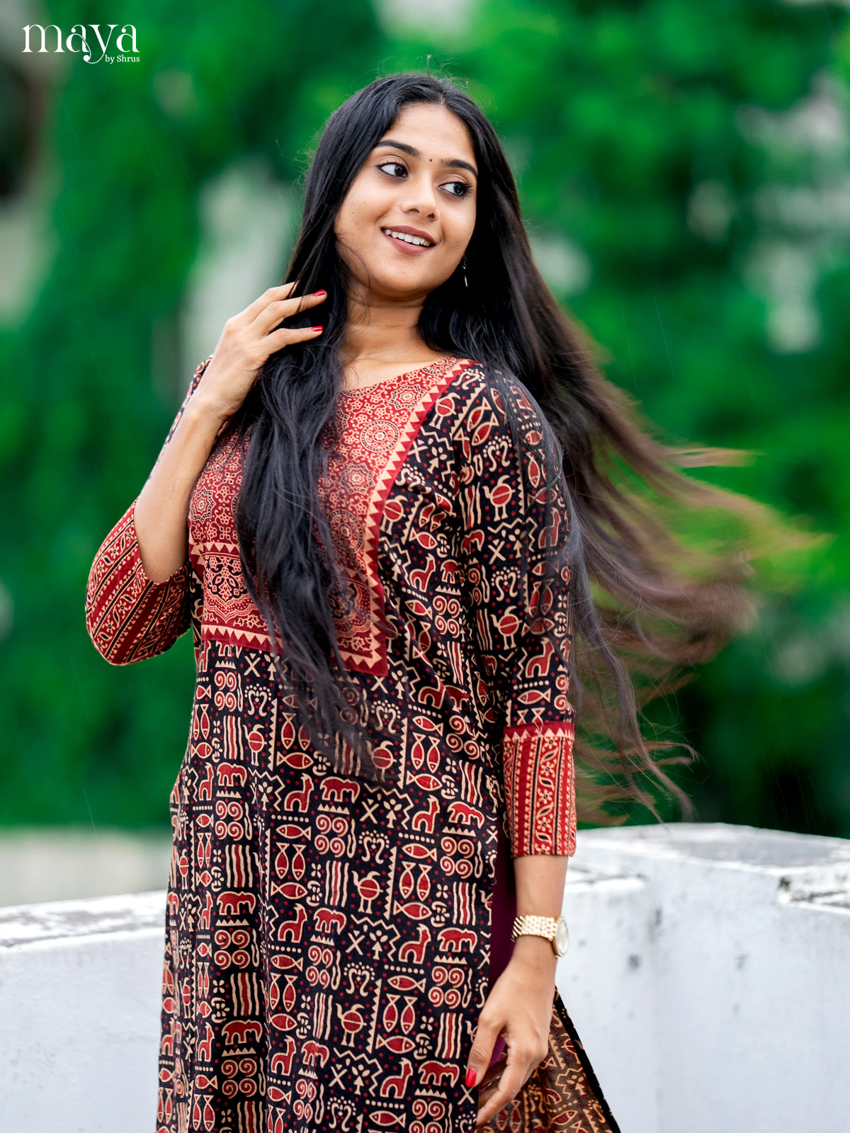 Black & Red Ajrakh Printed Readymade Kurti