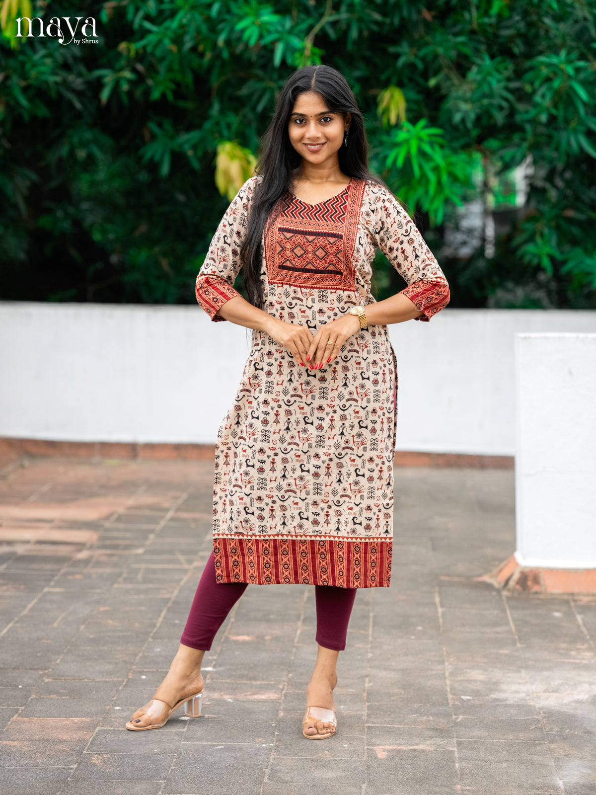 Cream & Red Ajrakh Printed Readymade Kurti