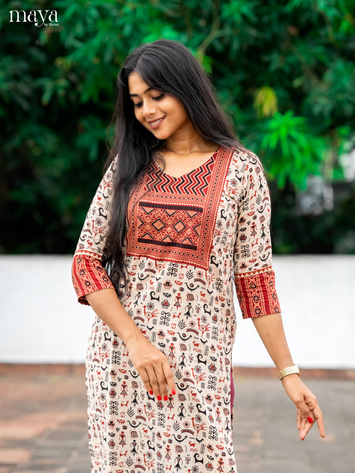 Cream & Red Ajrakh Printed Readymade Kurti