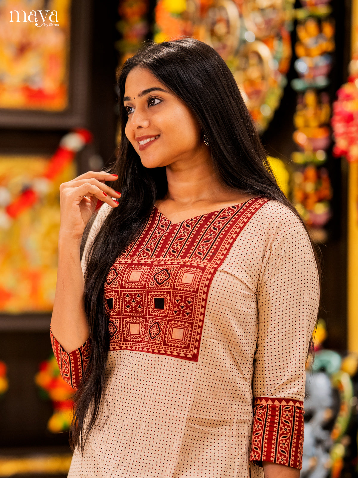 Cream & Red Ajrakh printed Readymade Kurti