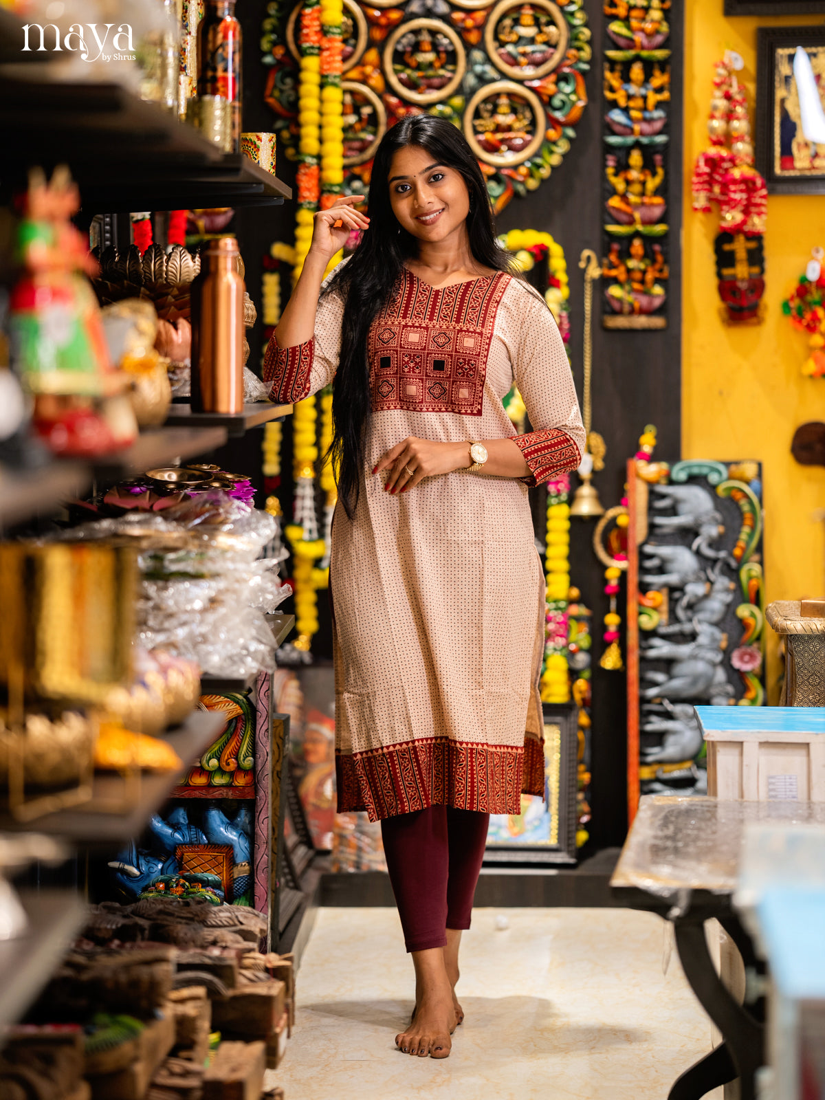 Cream & Red Ajrakh printed Readymade Kurti