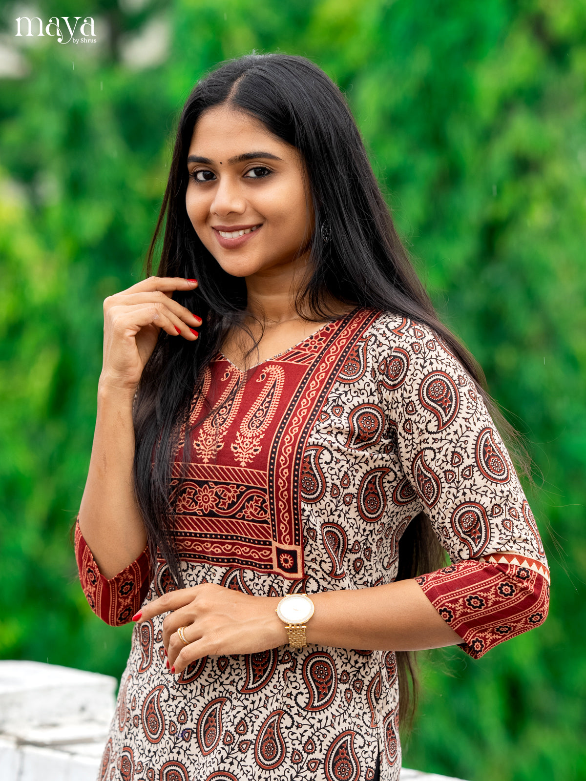 Grey & Red Ajrakh Printed Readymade Kurti