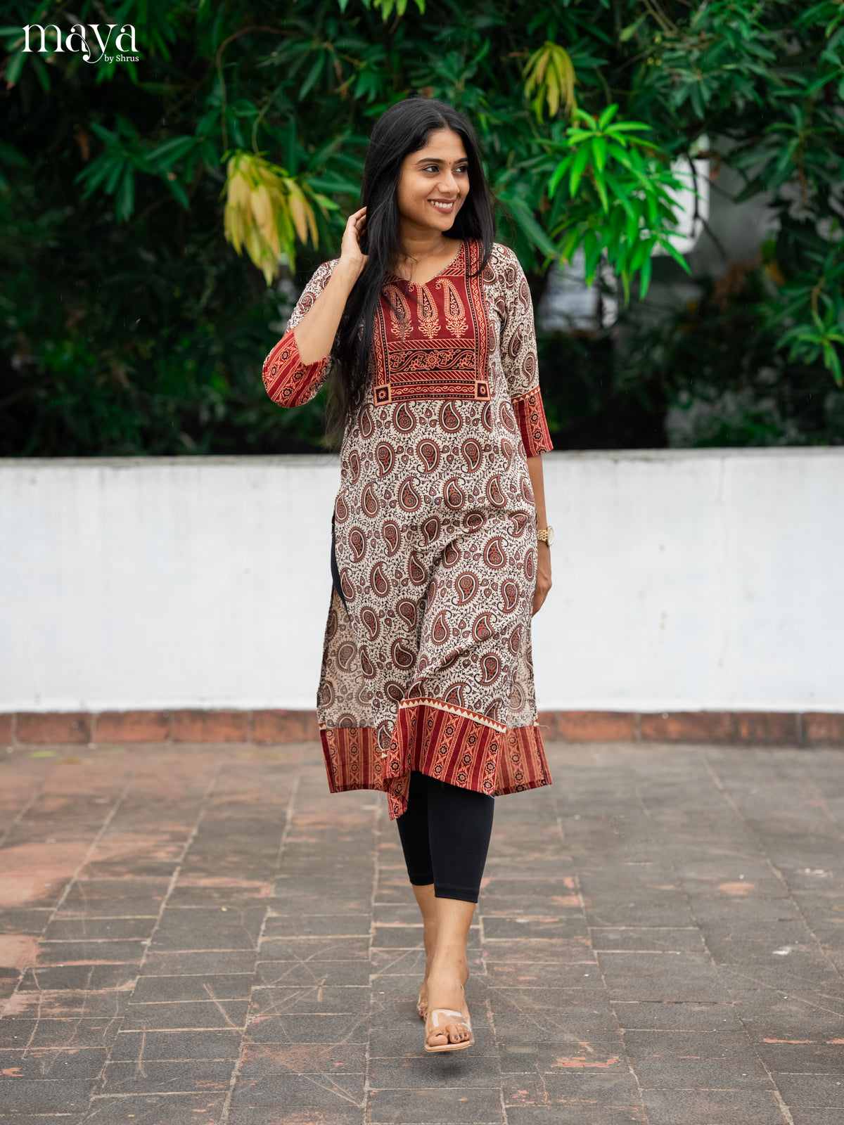 Grey & Red Ajrakh Printed Readymade Kurti