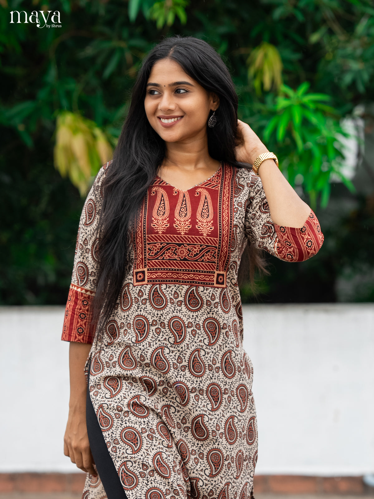 Grey & Red Ajrakh Printed Readymade Kurti