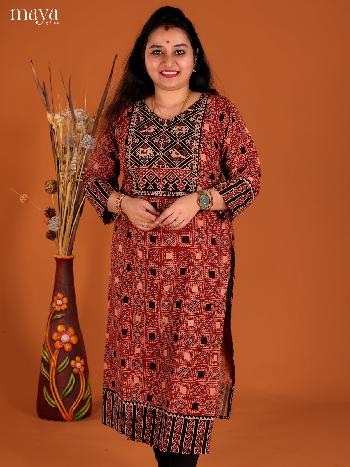 Red & Black Ajrakh Printed Readymade Kurti