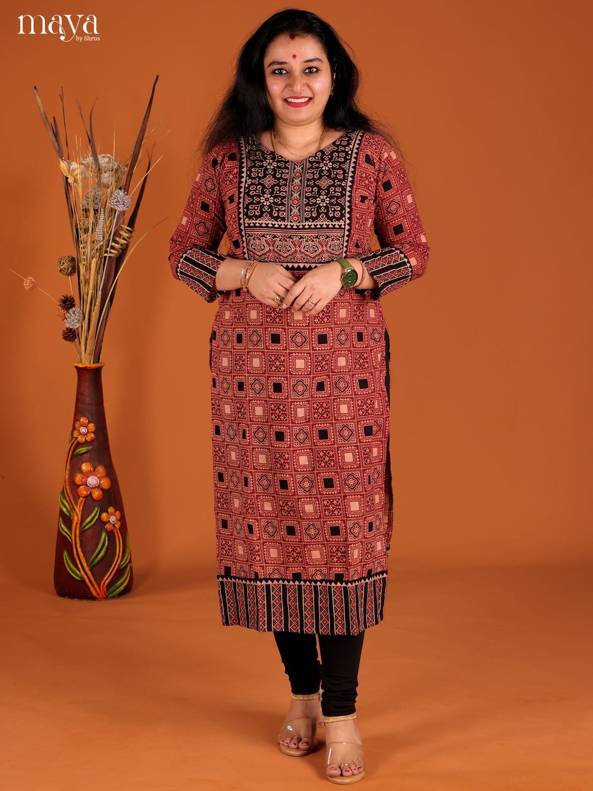 Red & Black Ajrakh printed Readymade Kurti