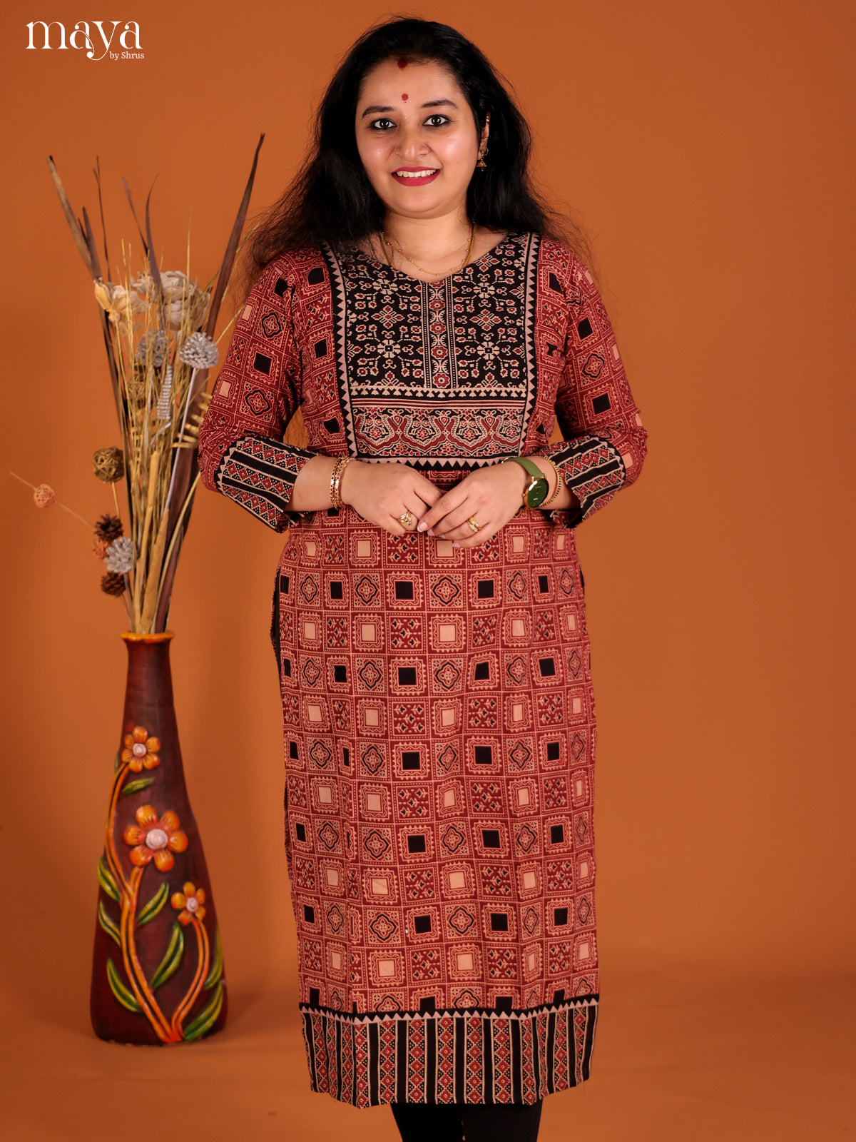 Red & Black Ajrakh printed Readymade Kurti
