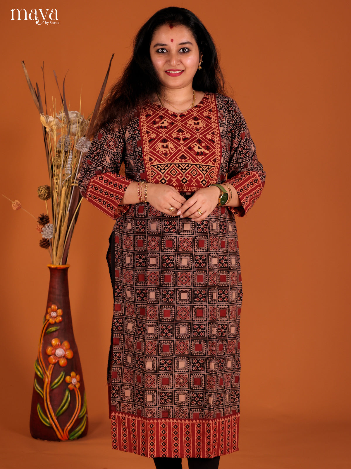 Black & Red Ajrakh printed Readymade Kurti