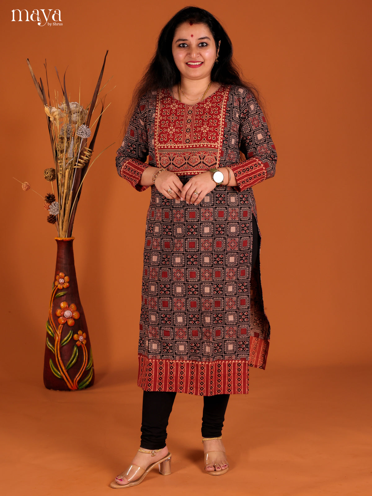 Black & Red Ajrakh Printed Readymade Kurti