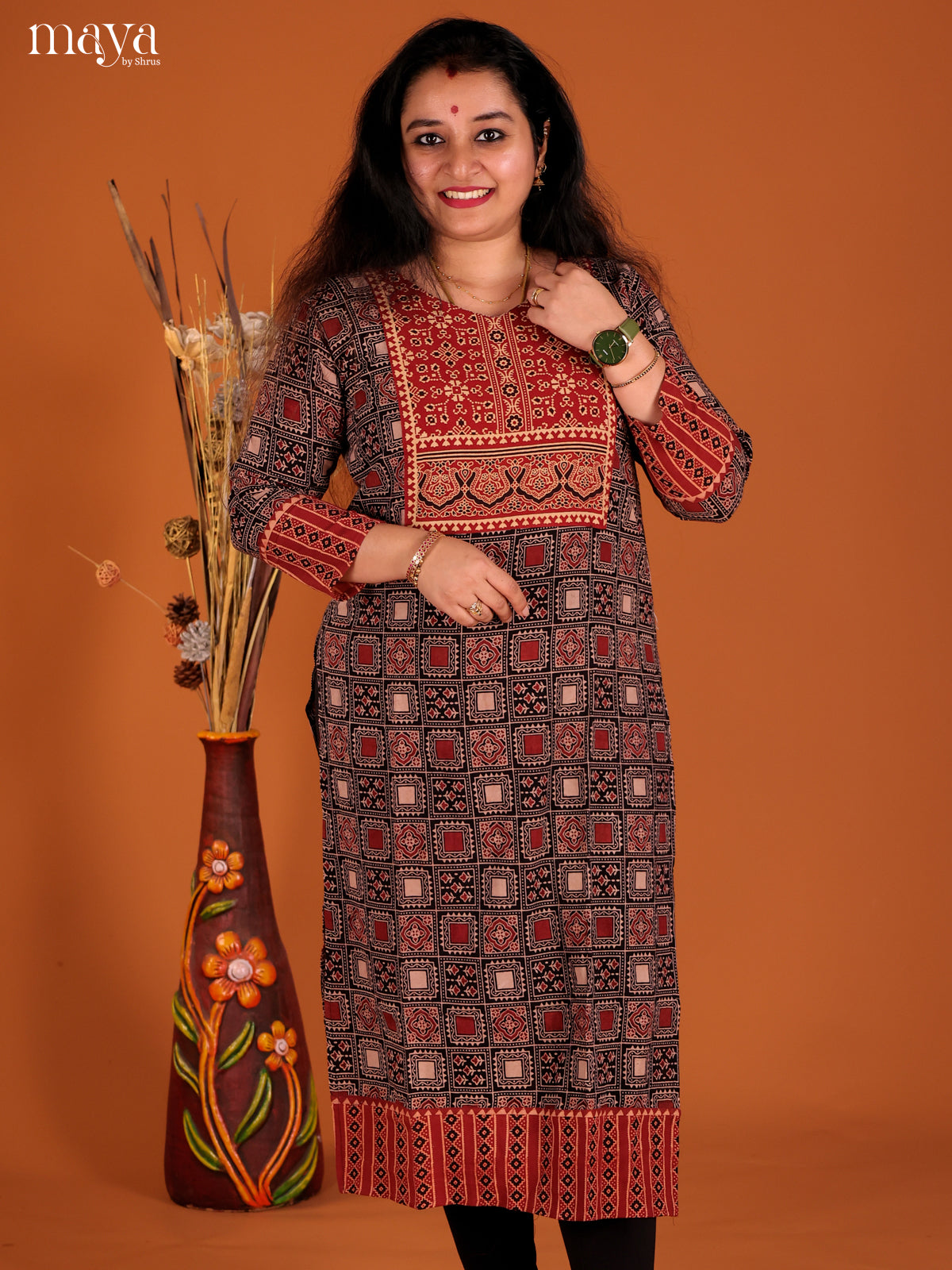 Black & Red Ajrakh Printed Readymade Kurti