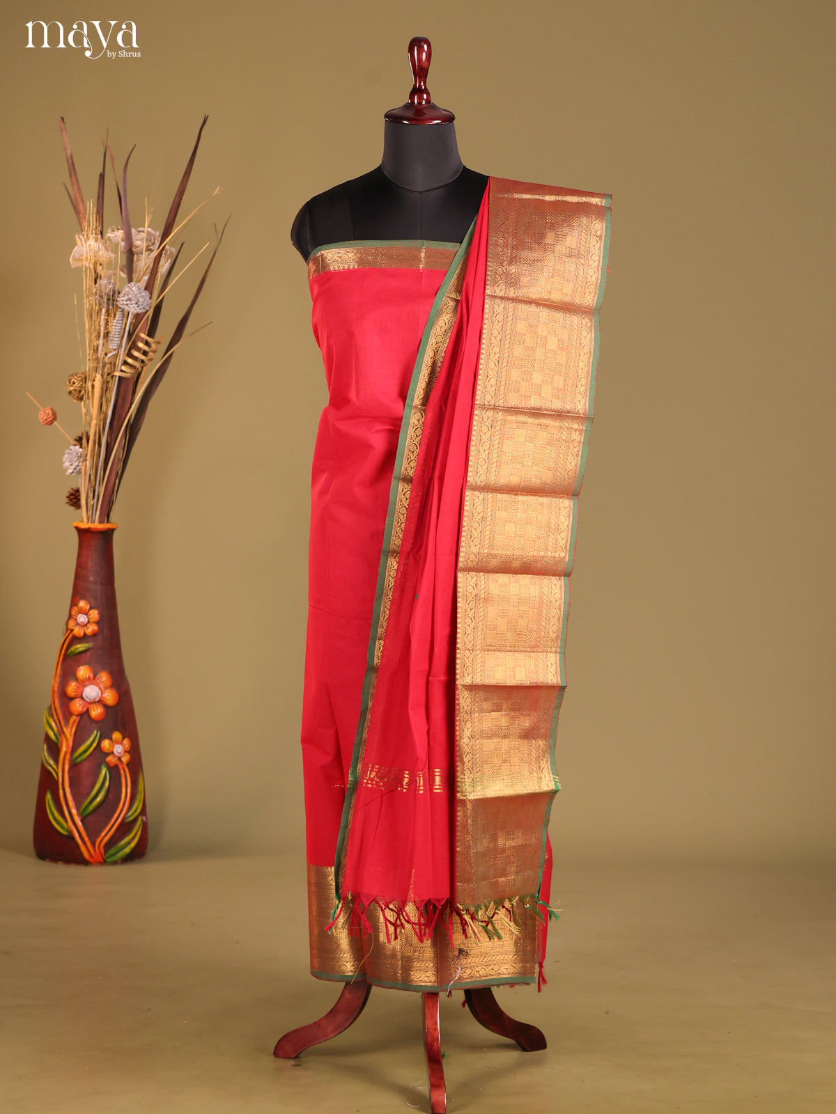 Red & Green-chettinad top & dupatta combo