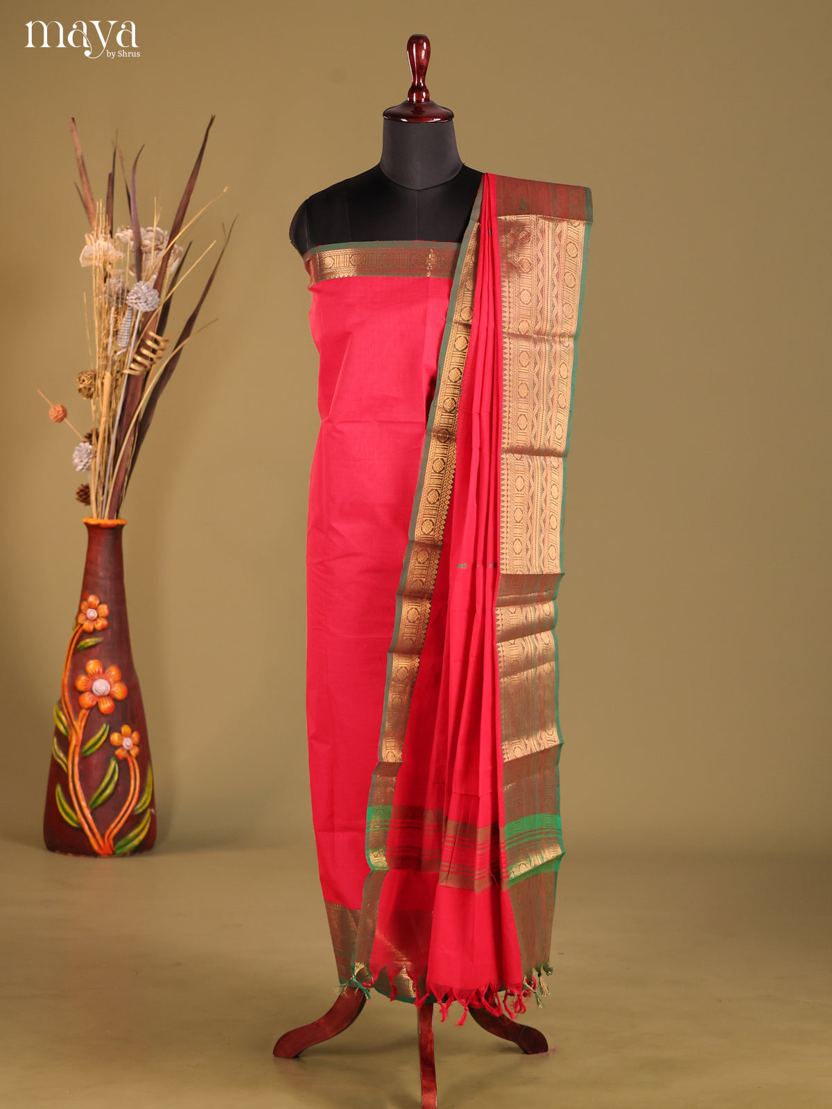 Red & Green-chettinad top & dupatta combo