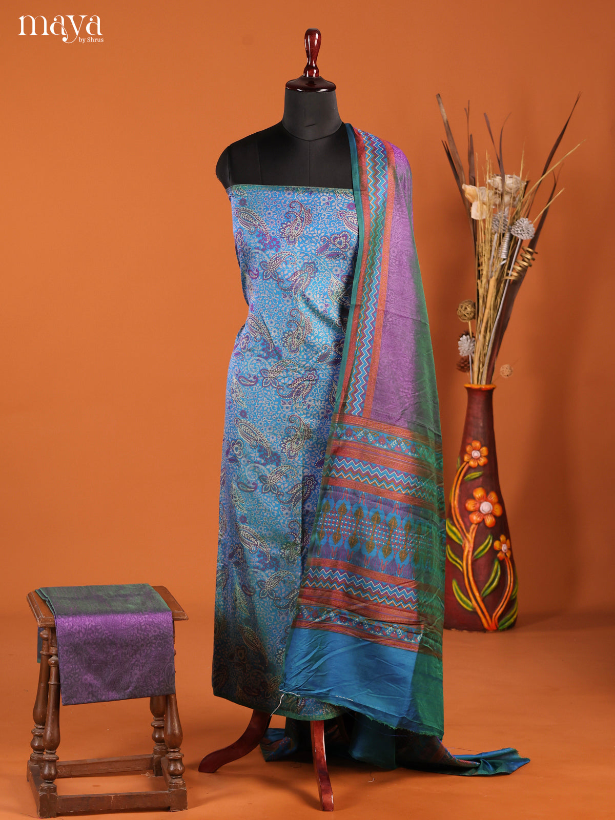 Blue & Purple-Semi patola salwar unstitch