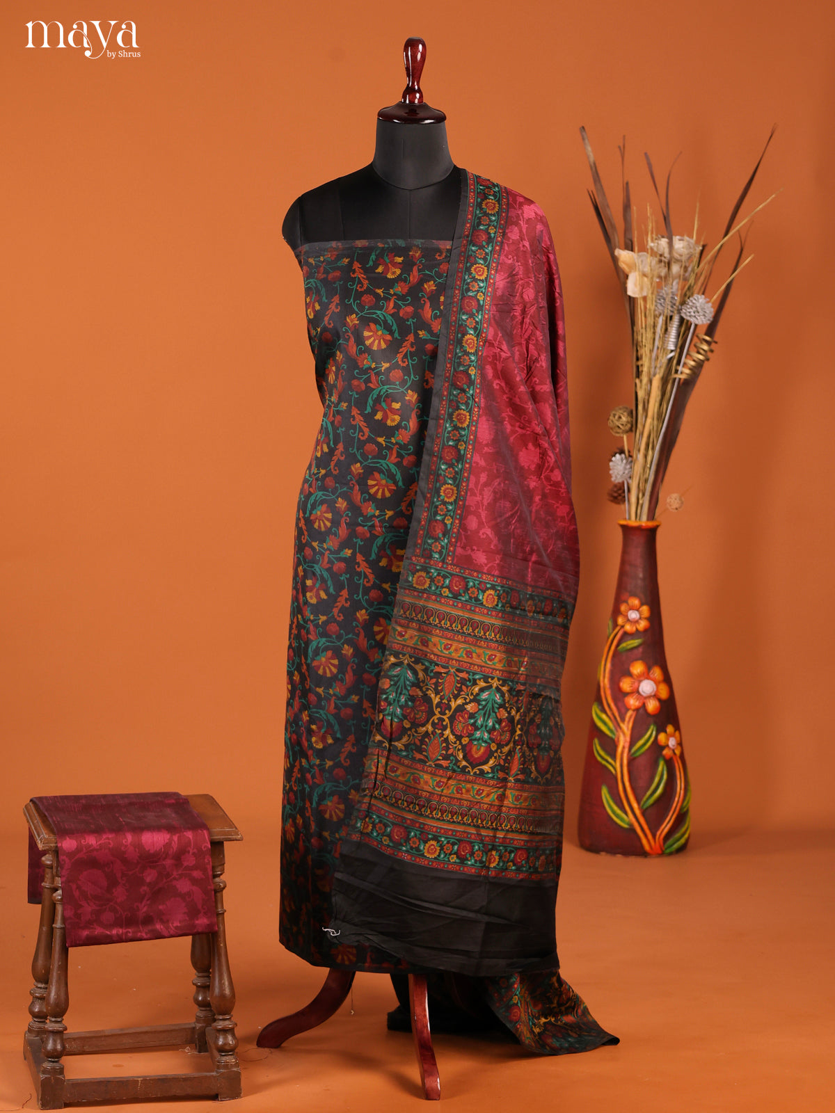 Black & Maroon-Semi patola salwar unstitch