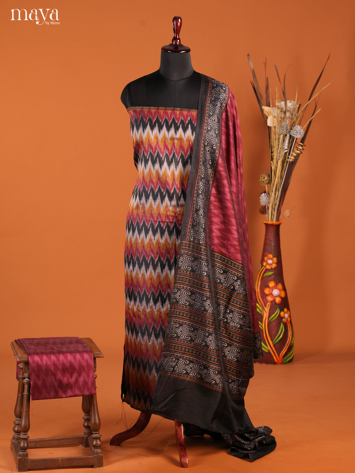 black & Maroon -Semi patola salwar unstitch