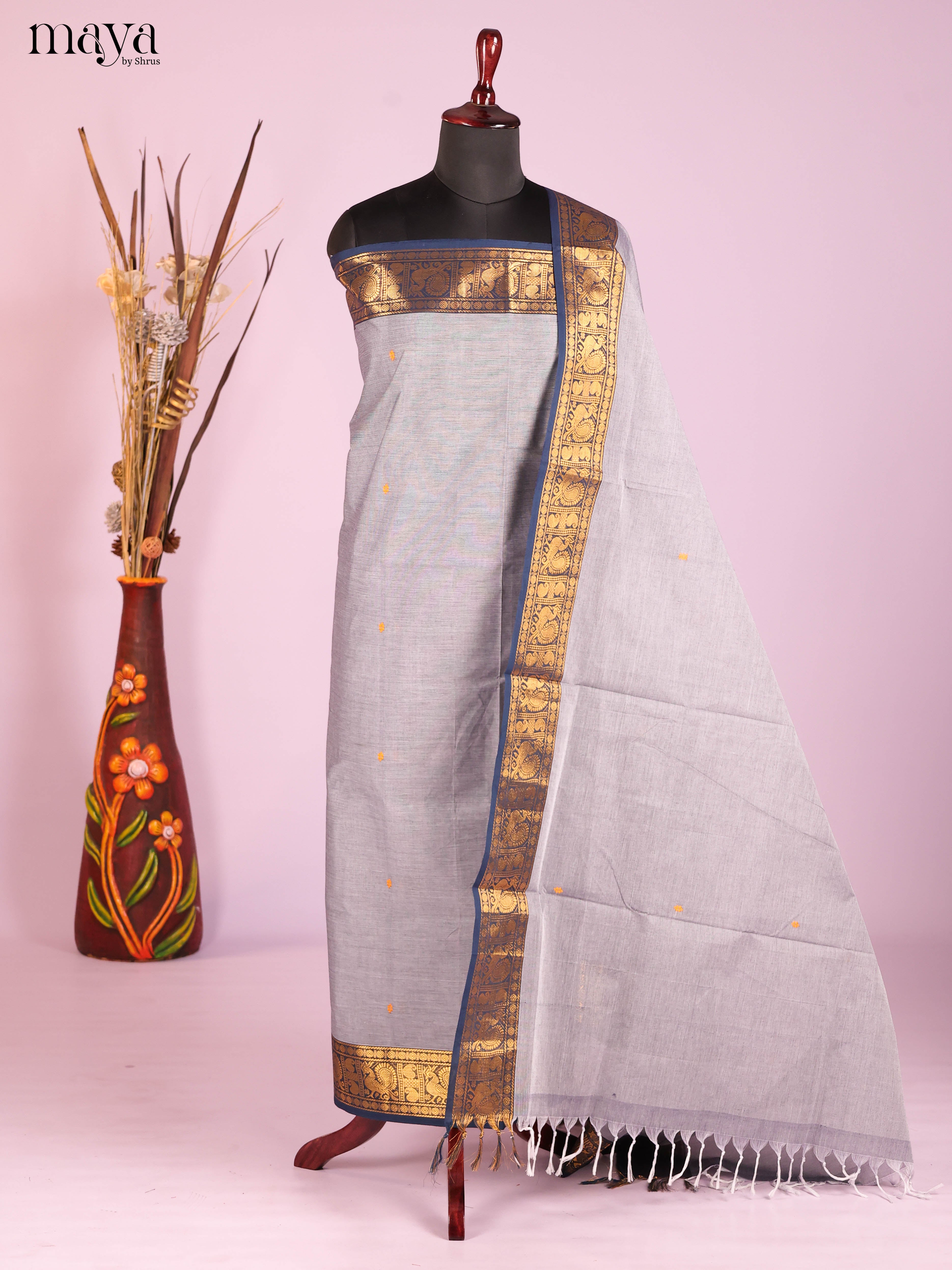 Grey & Blue -chettinad top & dupatta combo