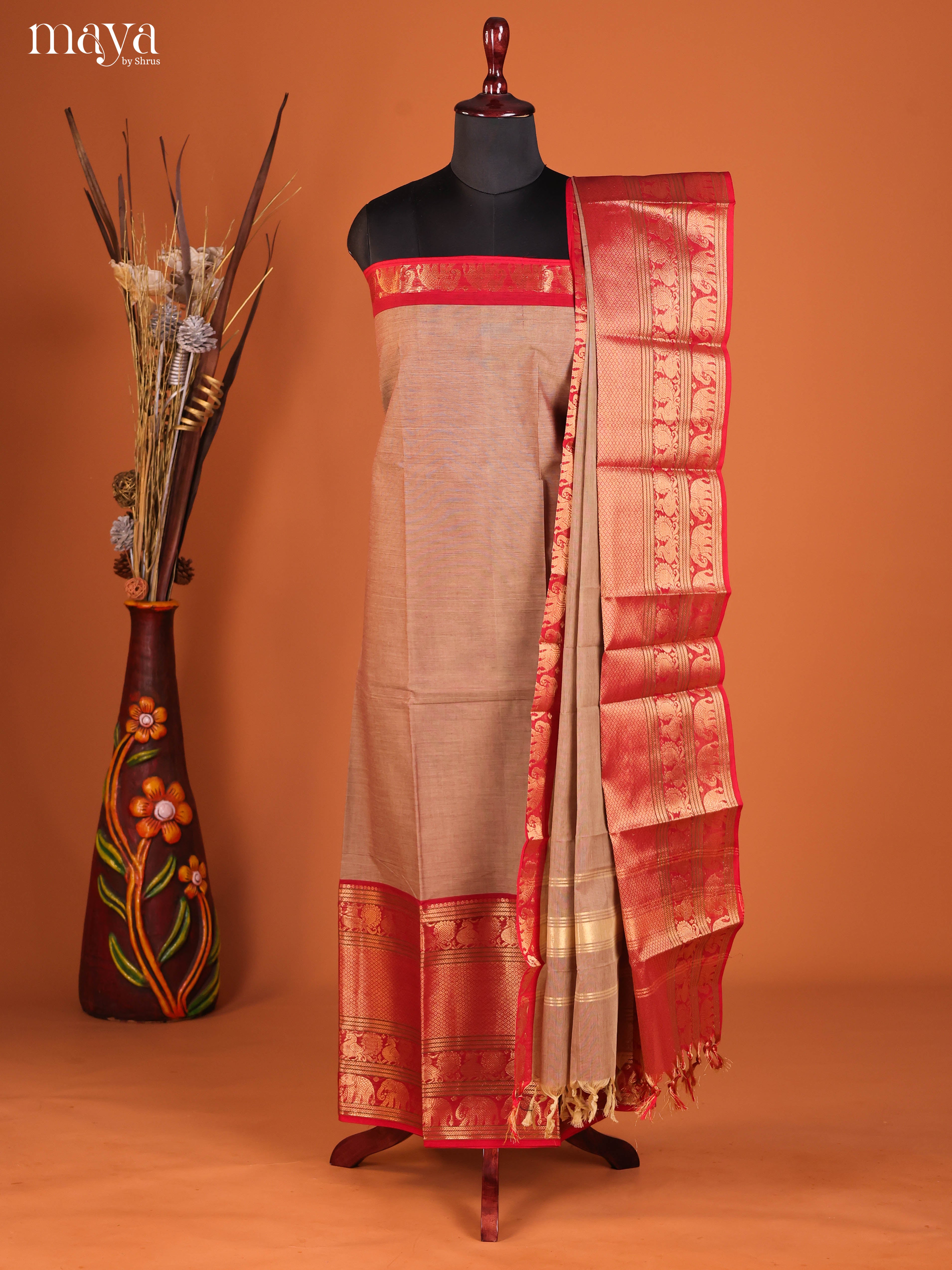 Grey & Red-chettinad top & dupatta combo