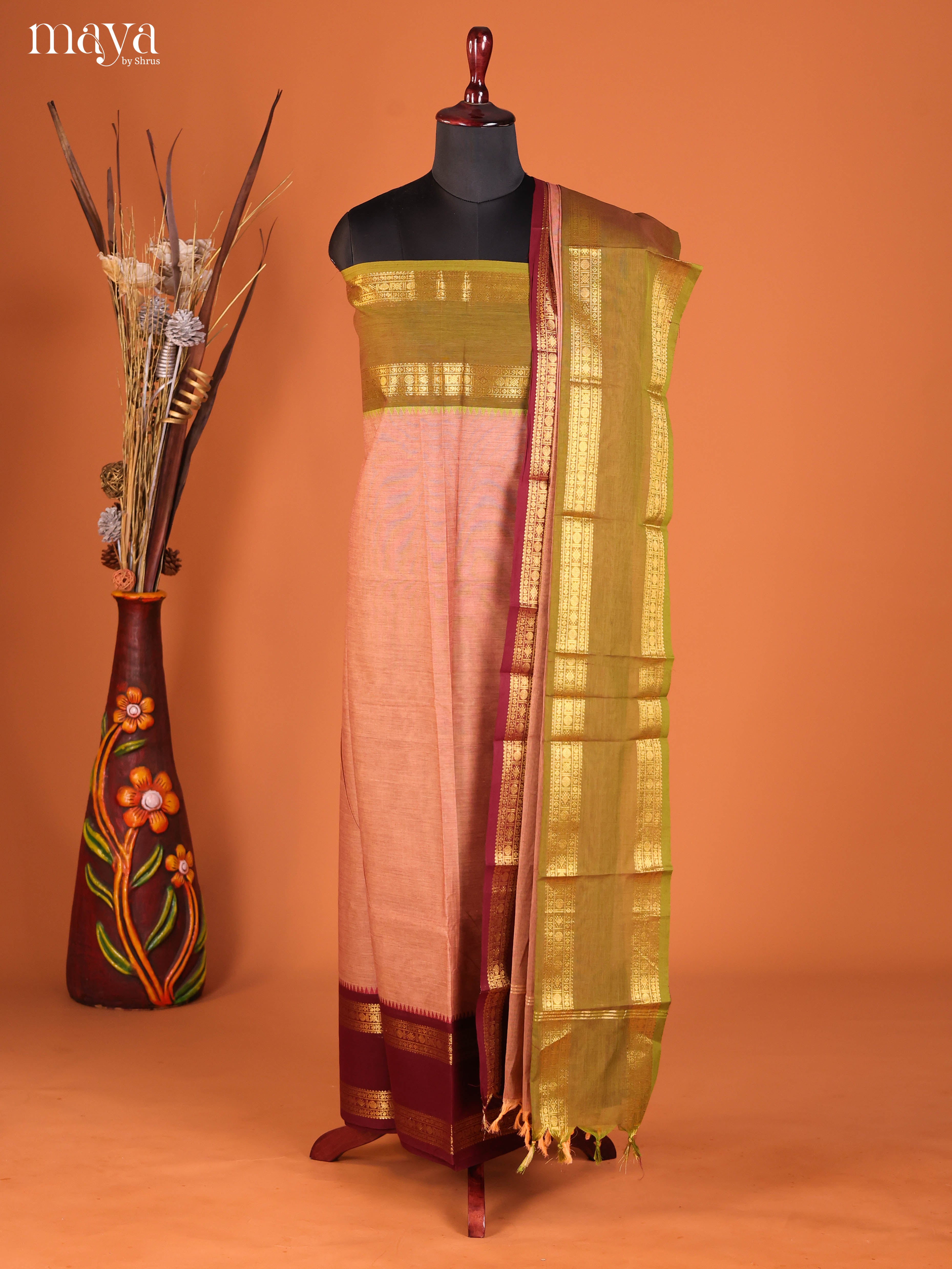 Dusty Brown & Green-chettinad top & dupatta combo