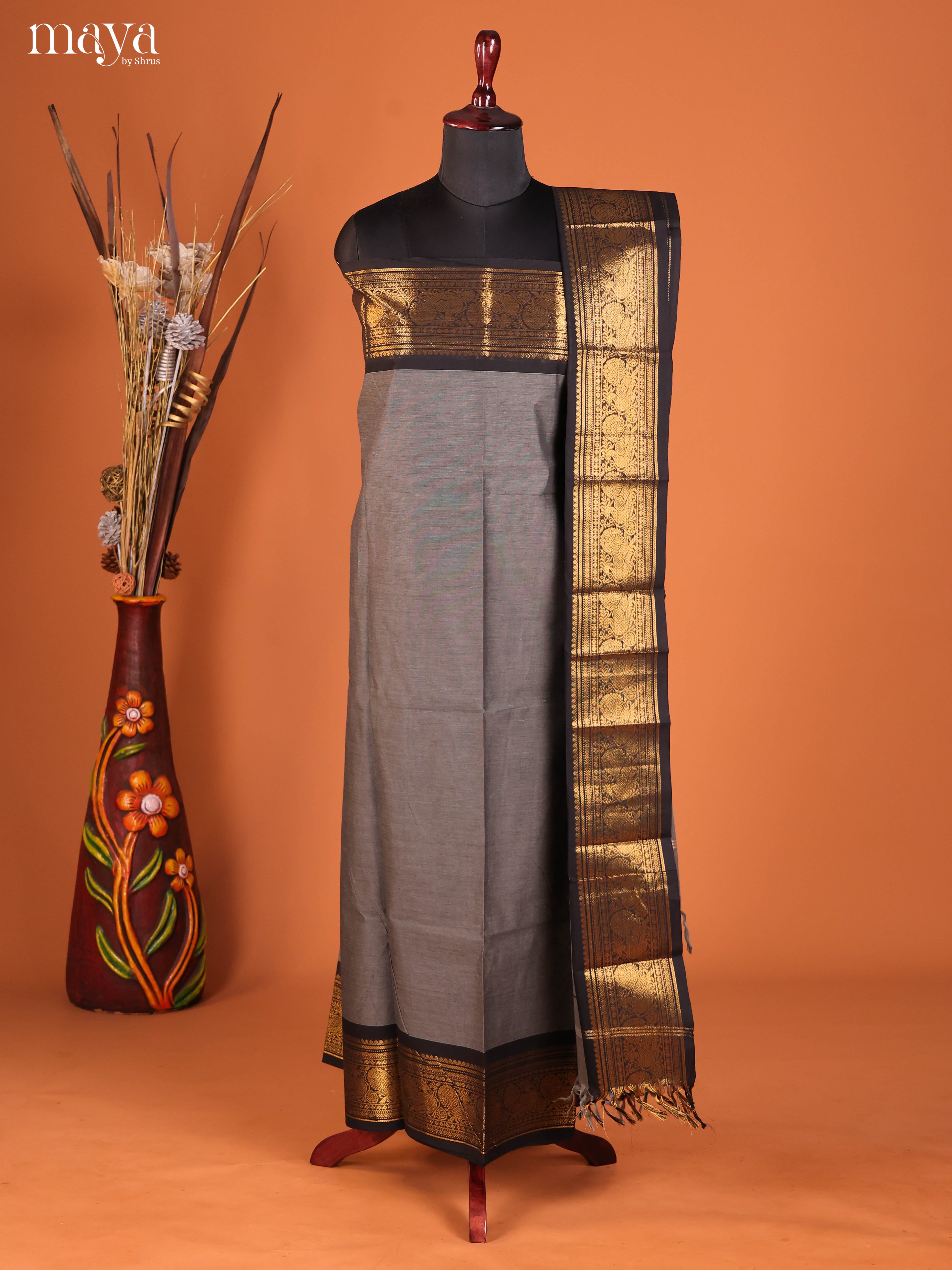 Grey & Black-chettinad top & dupatta combo