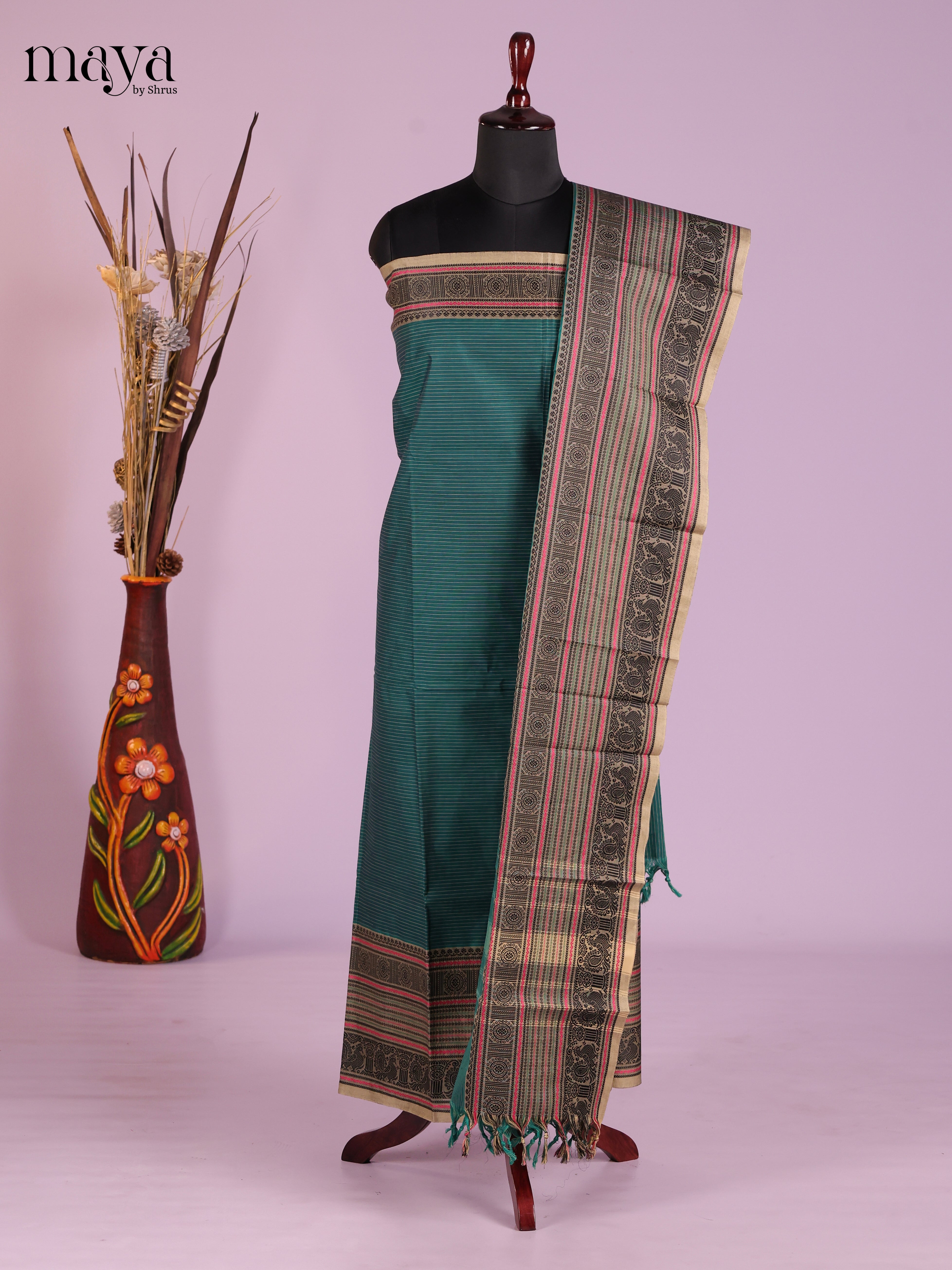 Peacock Green & Beige-chettinad top & dupatta combo