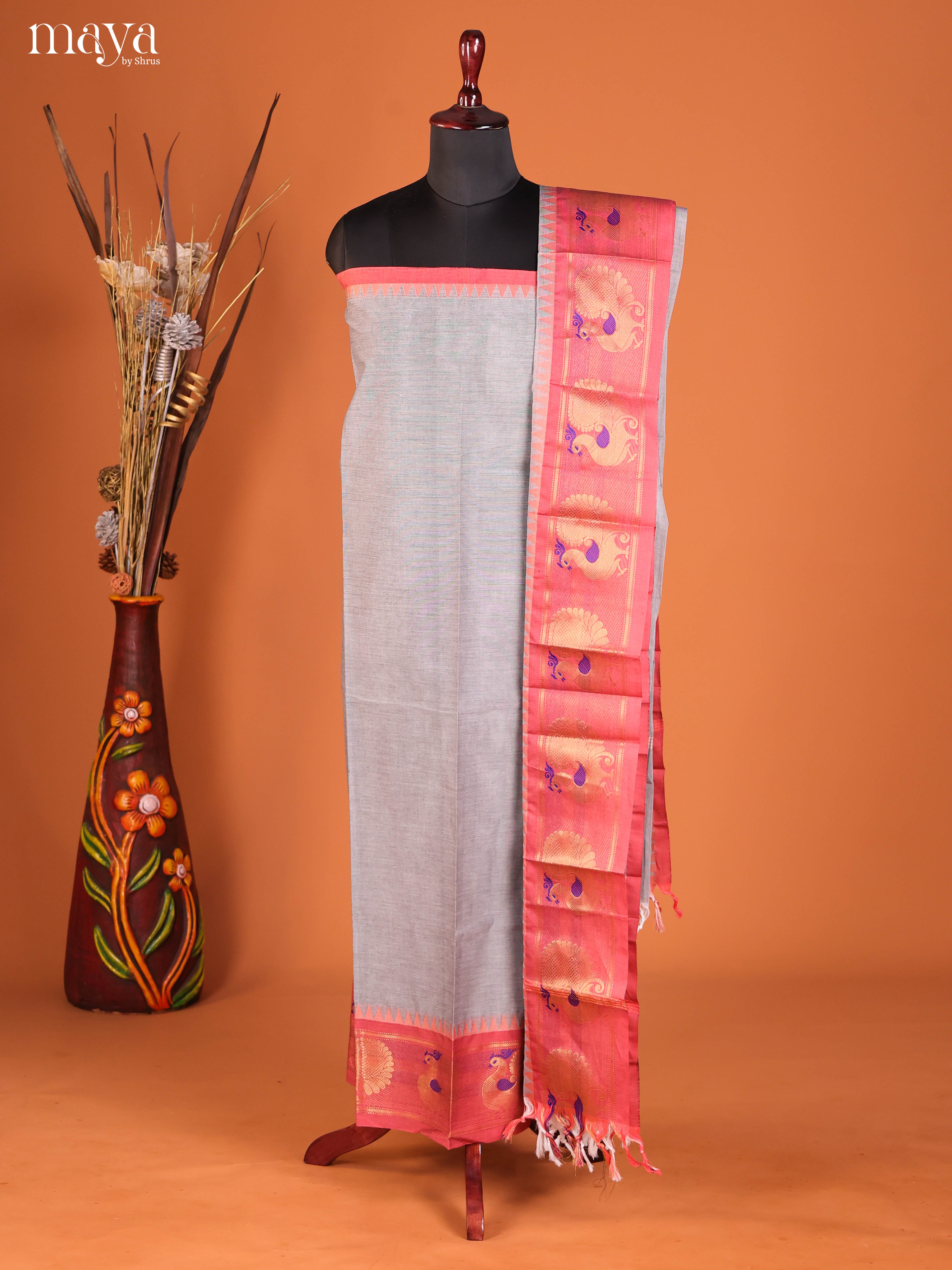 Grey & Orange-chettinad top & dupatta combo