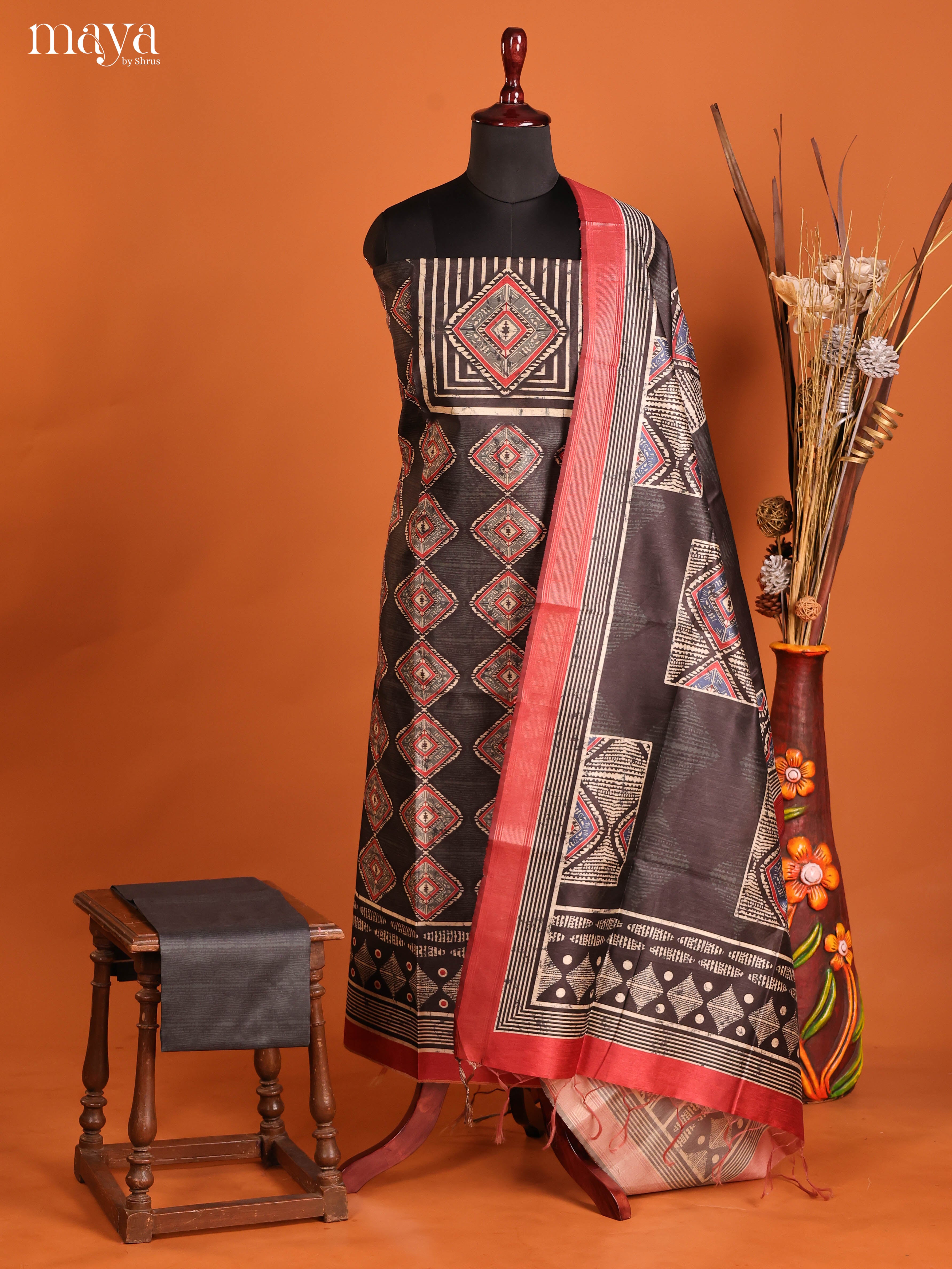 Elephant Black-Semi Tussar Salwar Unstitch