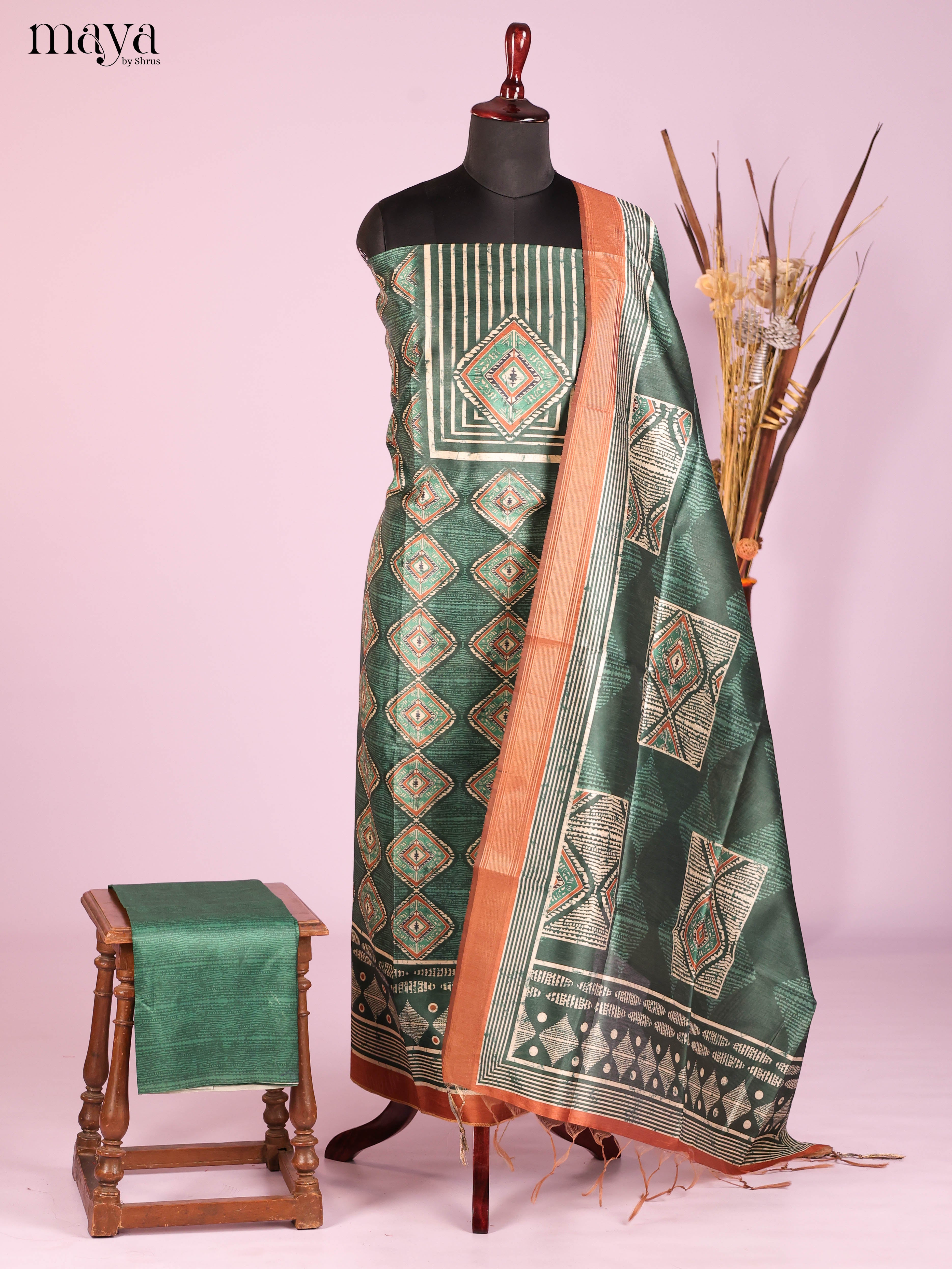 Green & Grey-Semi Tussar Salwar Unstitch