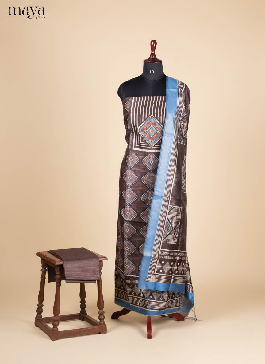 Brown & Blue-Semi Tussar Salwar Unstitch