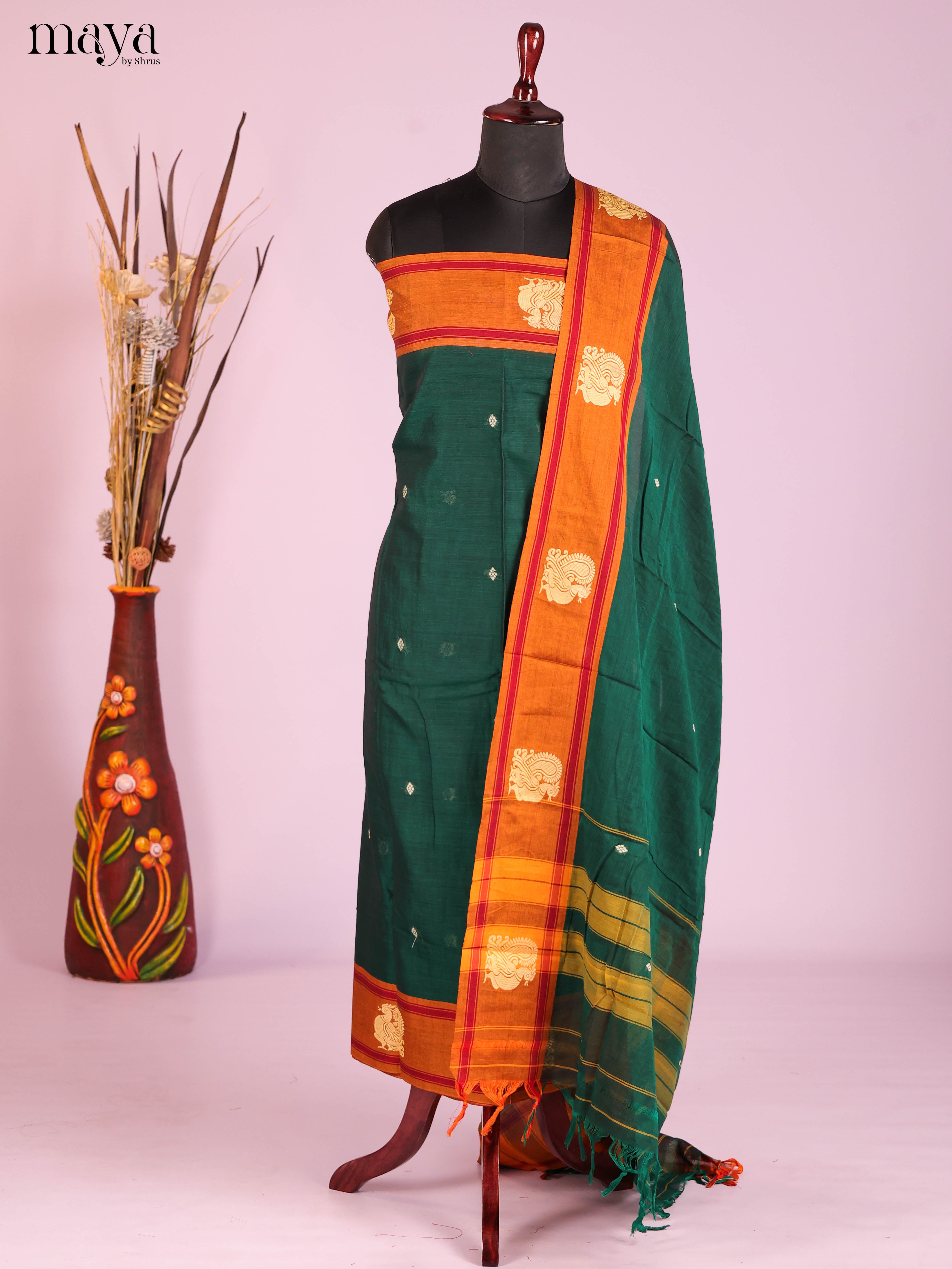 Green & Orange-Narayanpet top & dupatta combo