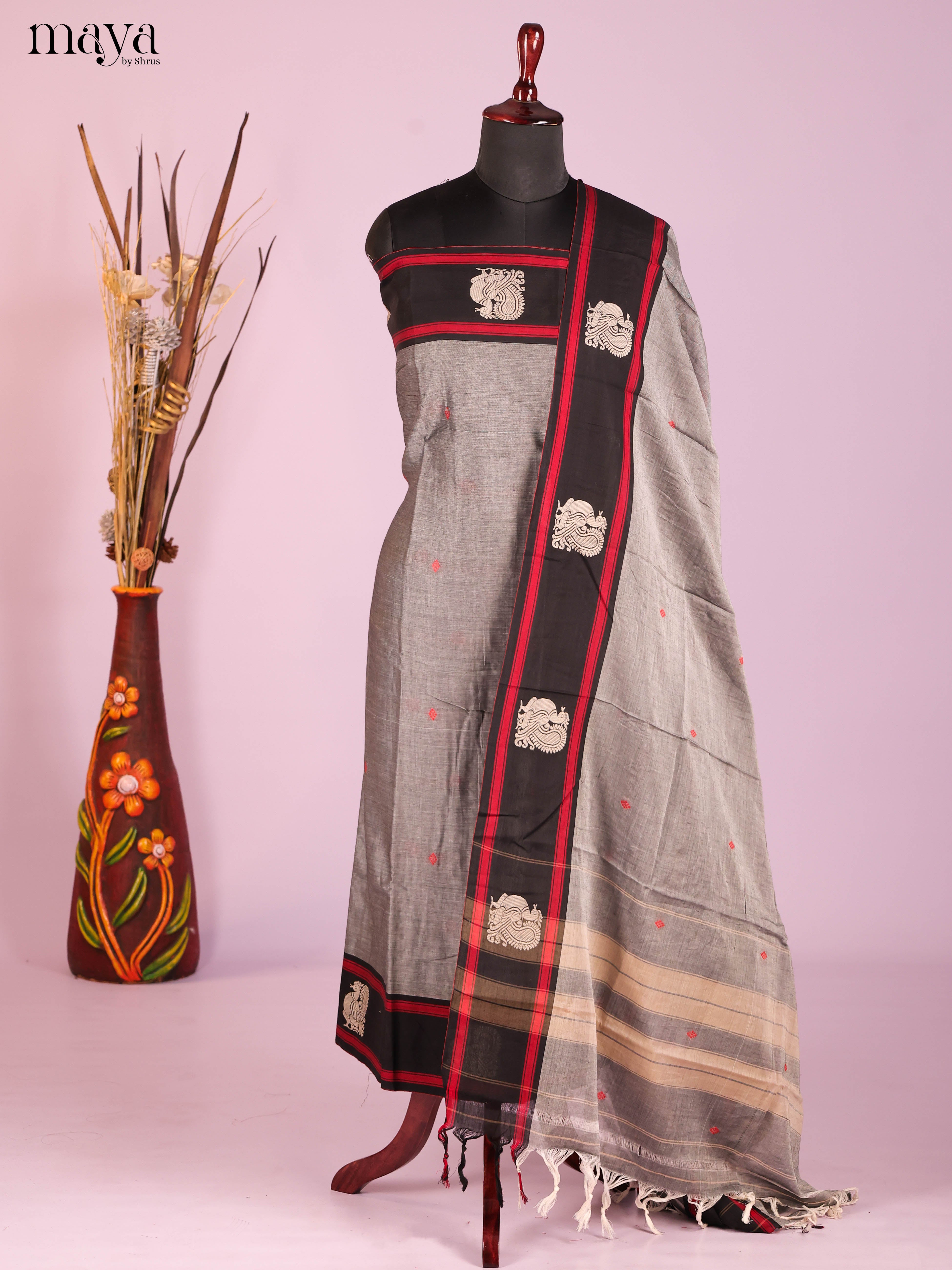 Grey & Black -Narayanpet top & dupatta combo