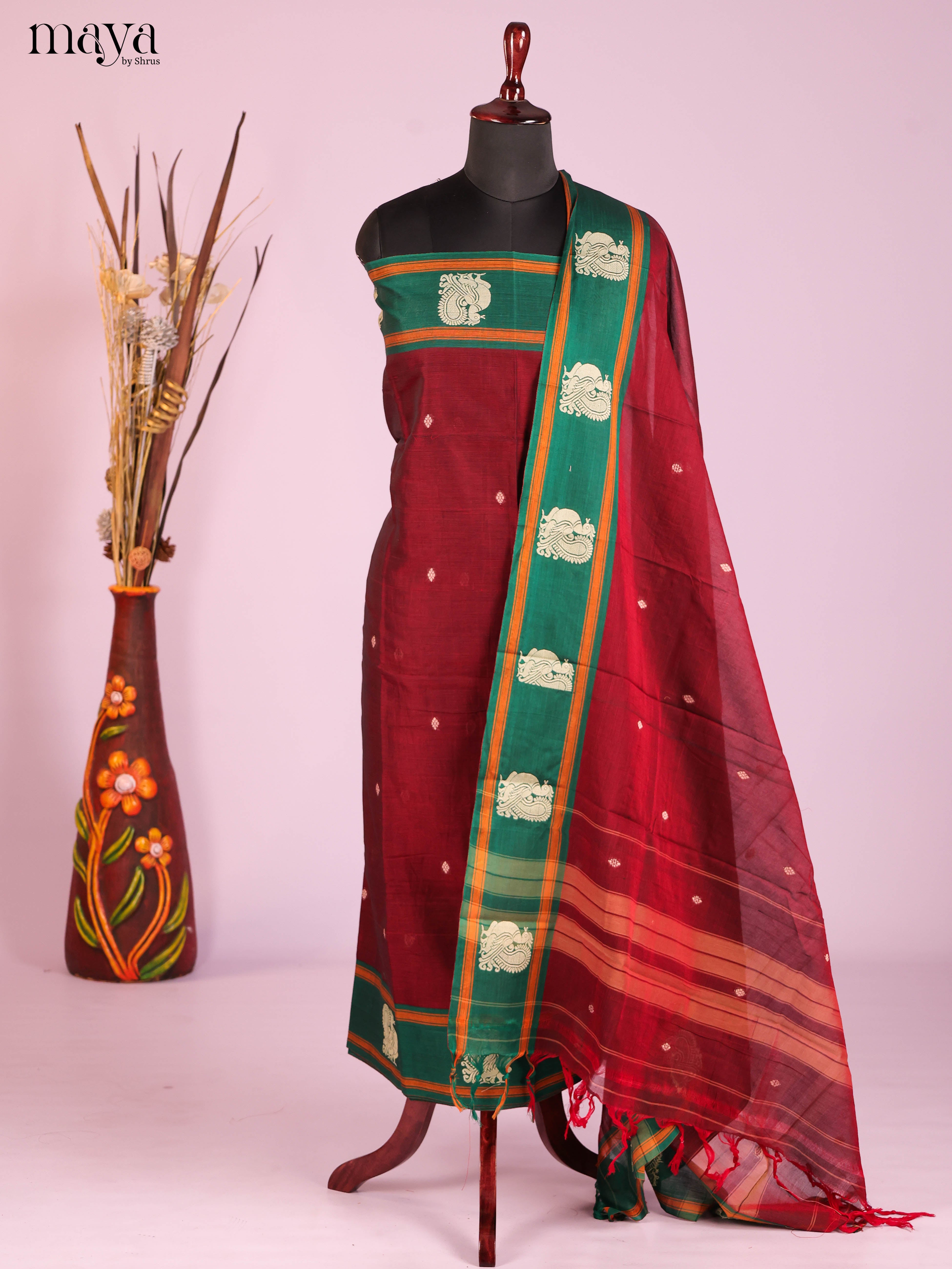 Maroon & Green -Narayanpet top & dupatta combo
