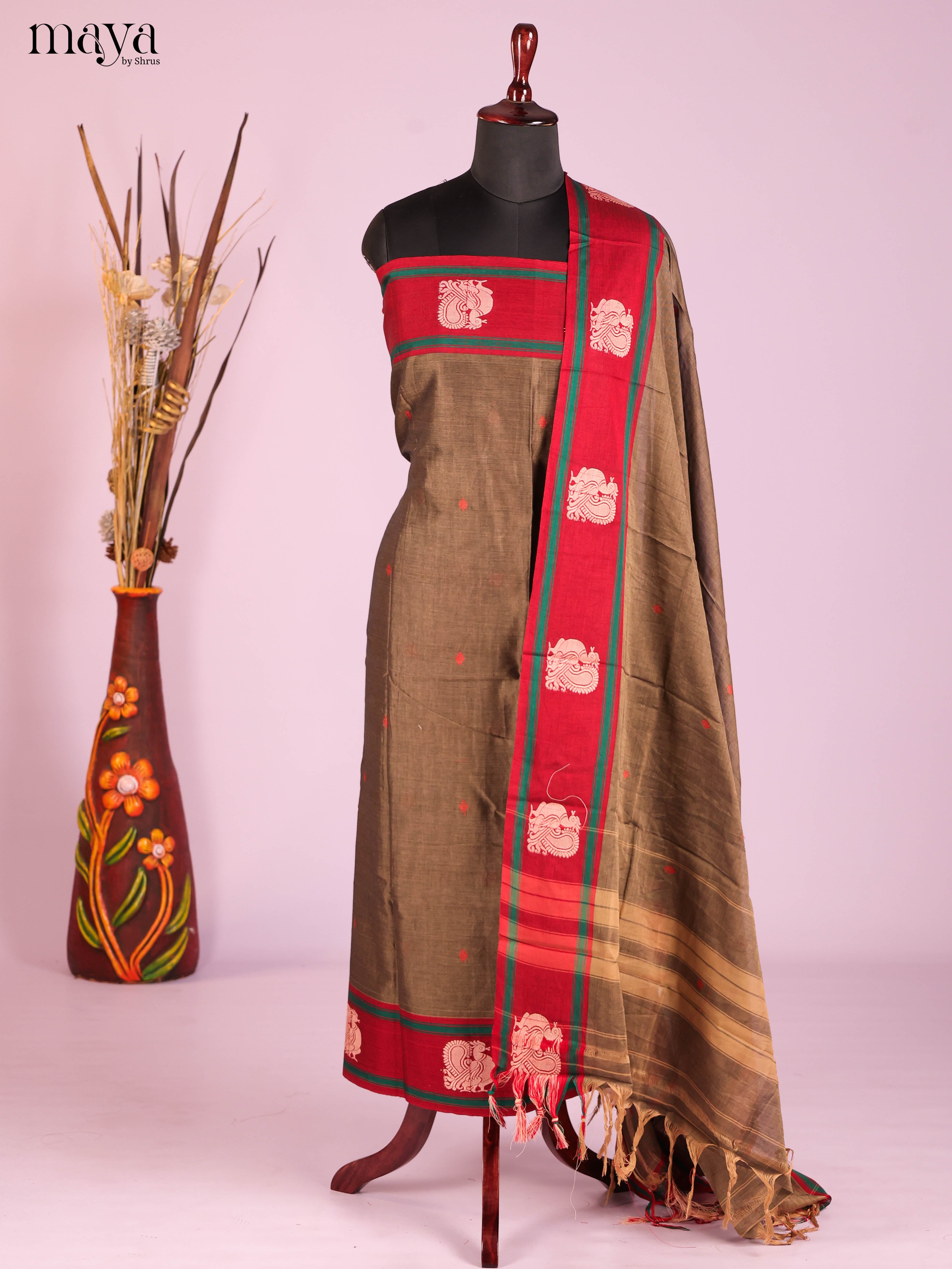 Grey & Red-Narayanpet top & dupatta combo